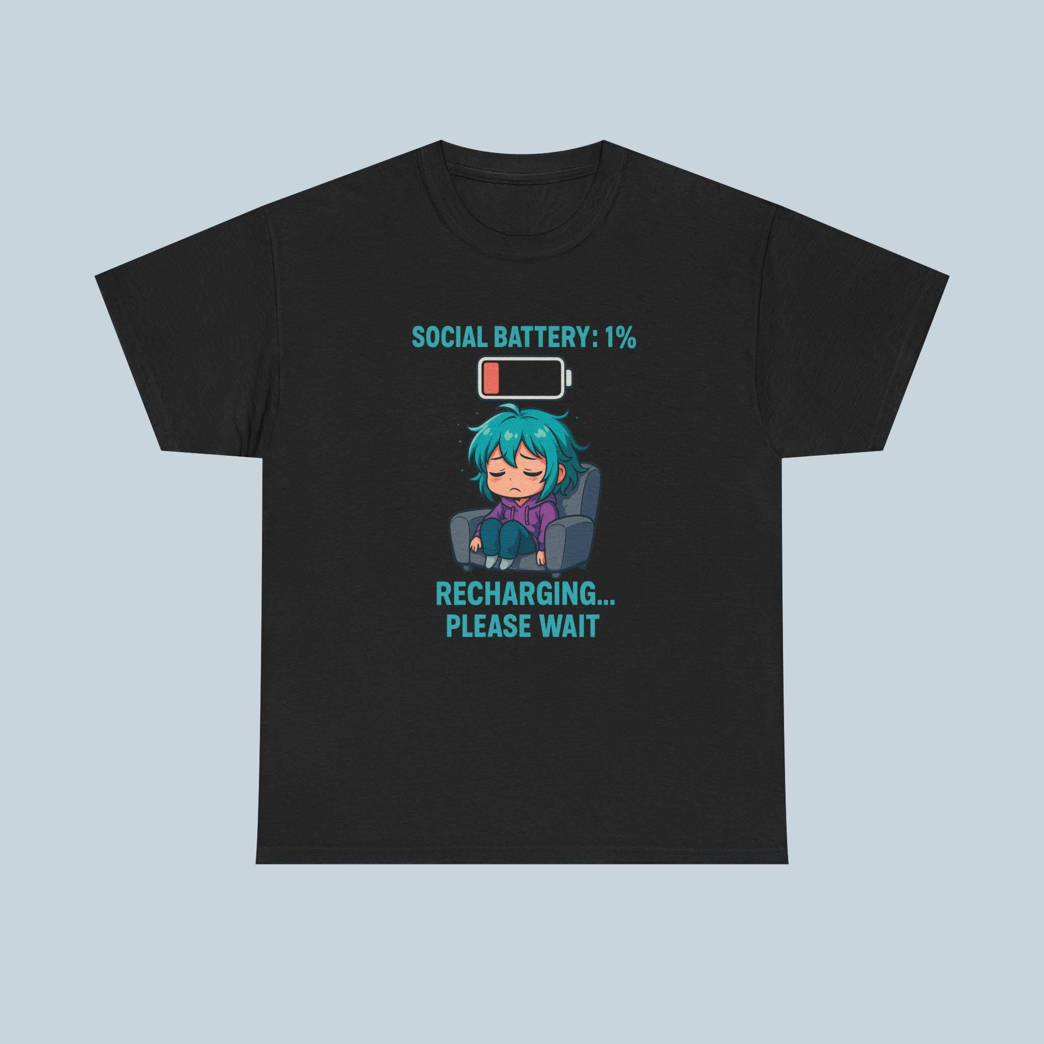 Anime Social Battery Shirt Funny Introvert T-Shirt Black Graphic Tee Gift for Gamers Otakus and Quiet People