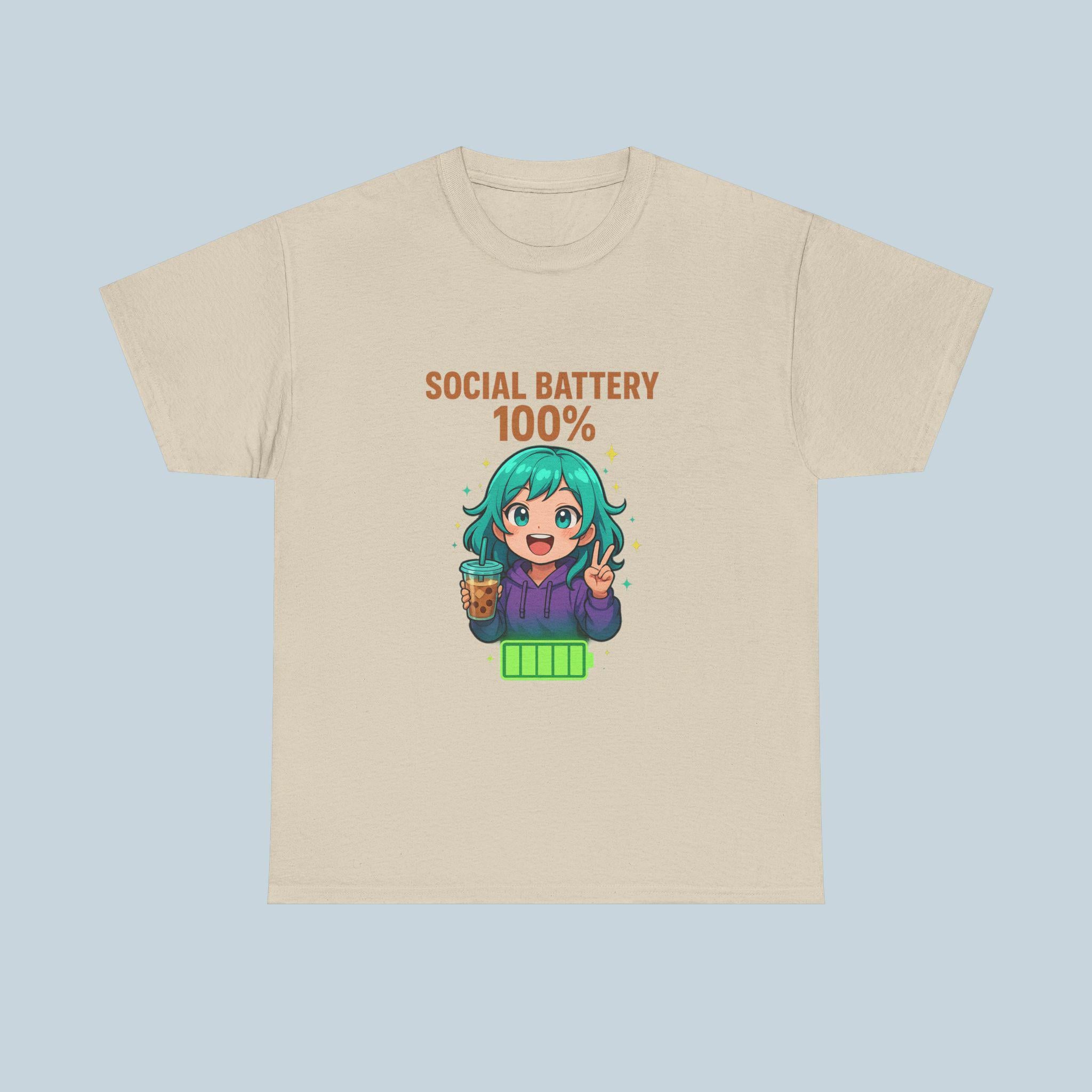 Social Battery 100% Anime Shirt Kawaii Boba Tea T-Shirt Cute Funny Gift for Anime Lovers and Introverts