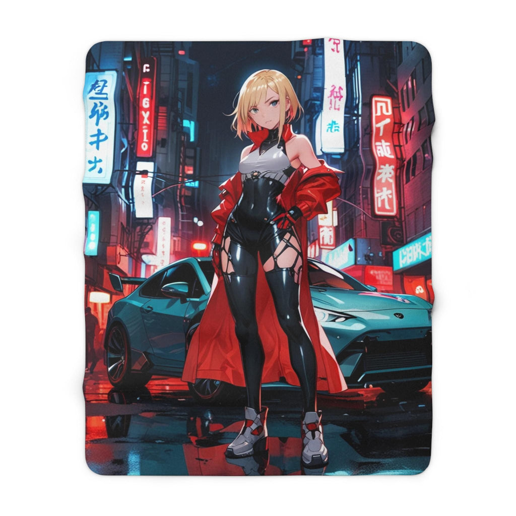 Cyberpunk Anime Girl Sherpa Blanket Neon Street Night City Cozy Gift for Gamers and Collectors