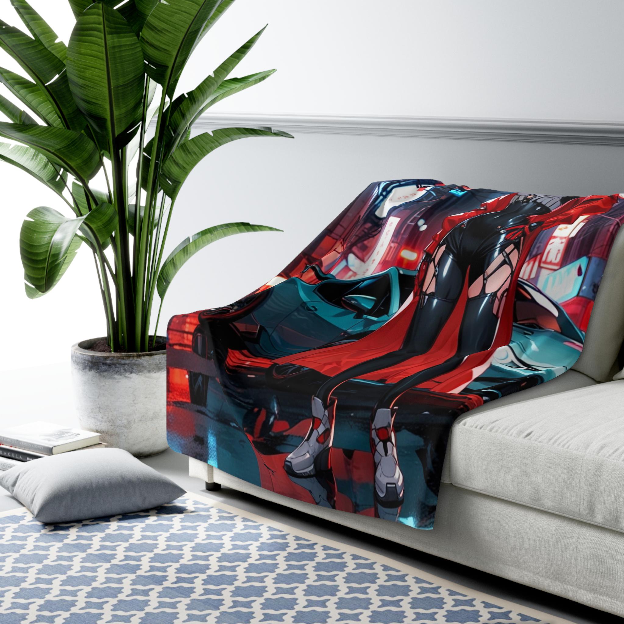 Cyberpunk Anime Girl Sherpa Blanket Neon Street Night City Cozy Gift for Gamers and Collectors