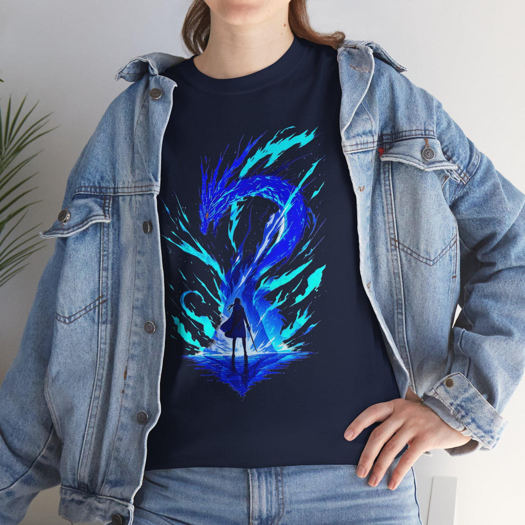 Blue Dragon Spirit Anime T Shirt Neon Fire Fantasy Graphic Tee for Gamers and Anime Fans