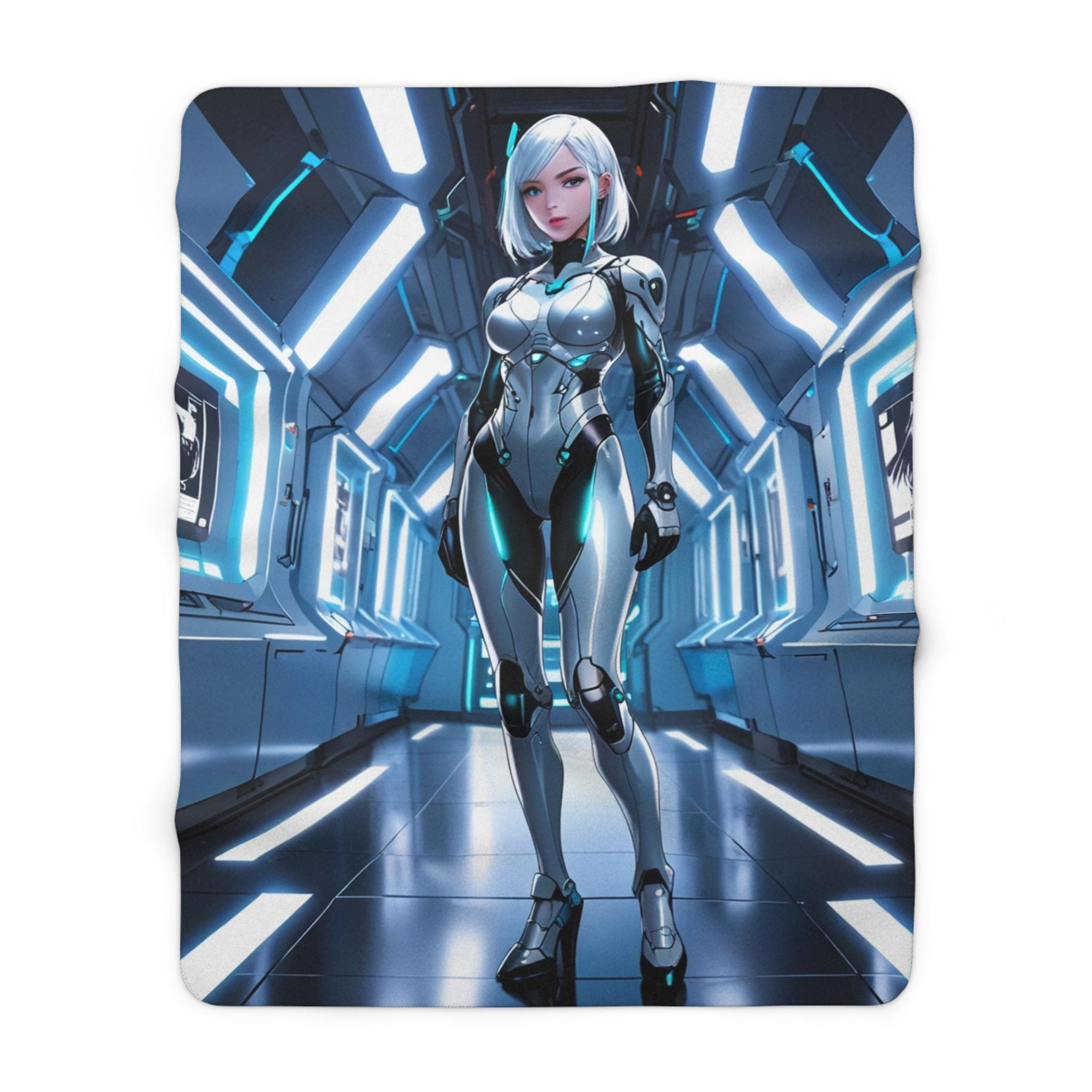 Cyber Anime Girl Sherpa Blanket Futuristic Neon Sci Fi Cozy Gift for Gamers and Collectors