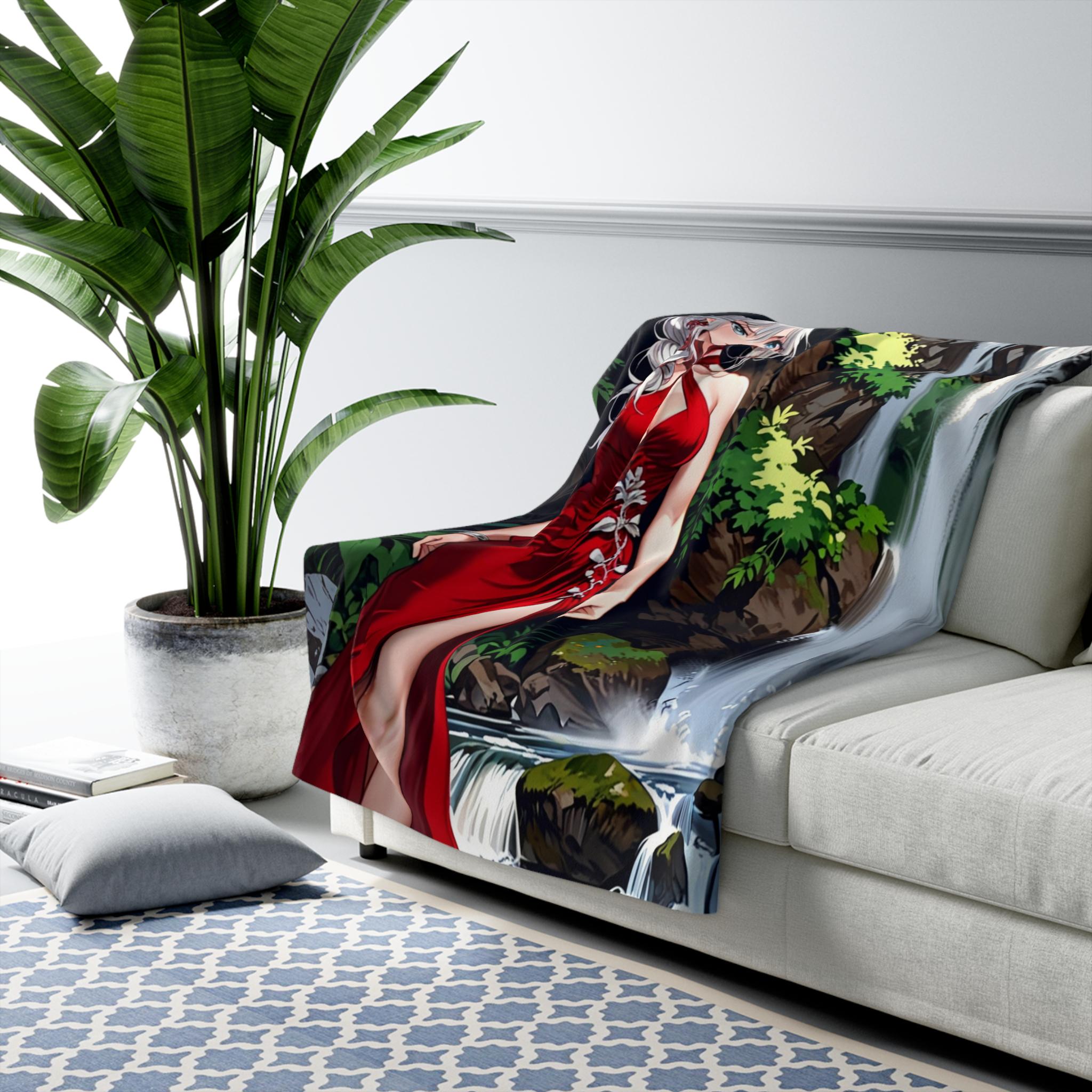 Elegant Red Dress Anime Girl Sherpa Blanket Fantasy Waterfall Cozy Gift for Anime Lovers