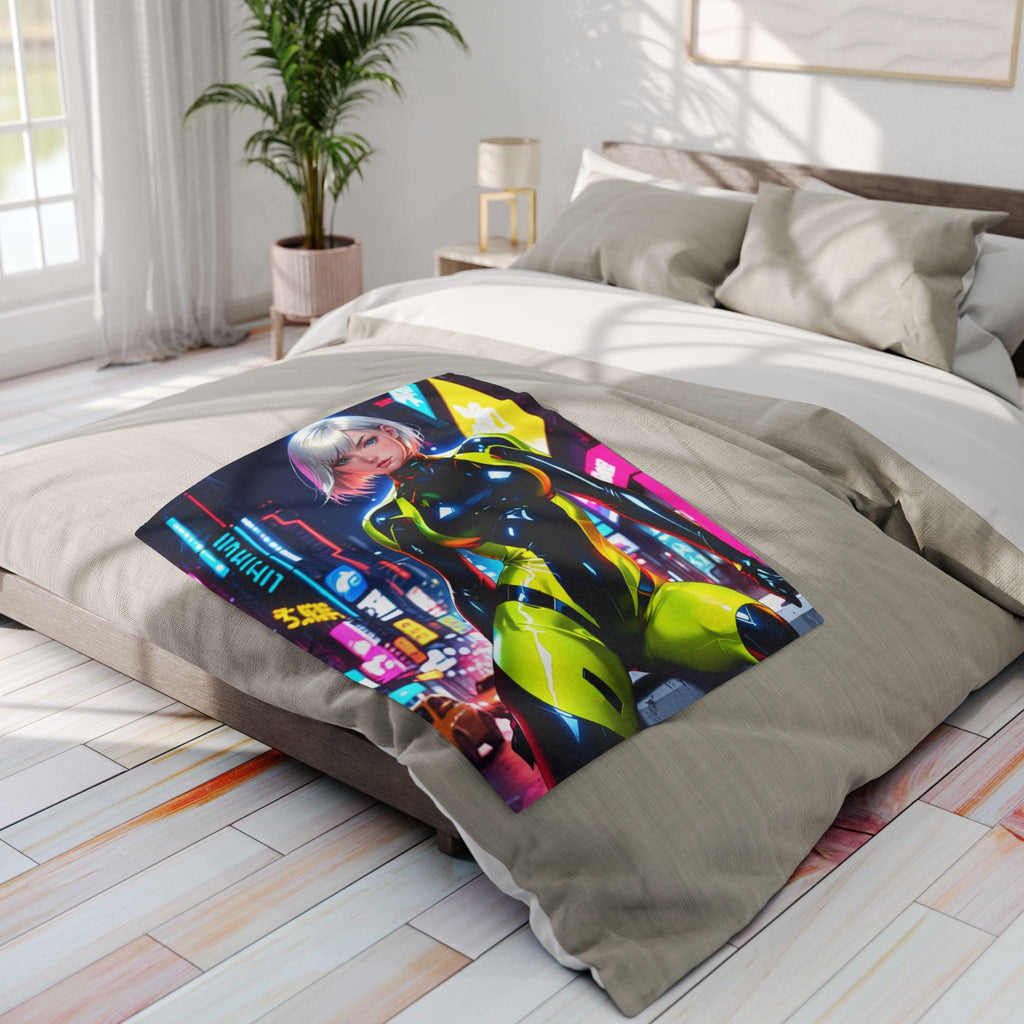 Cyberpunk Anime Girl Fleece Blanket Neon Techwear Art Throw Gift for Gamers and Anime Fans