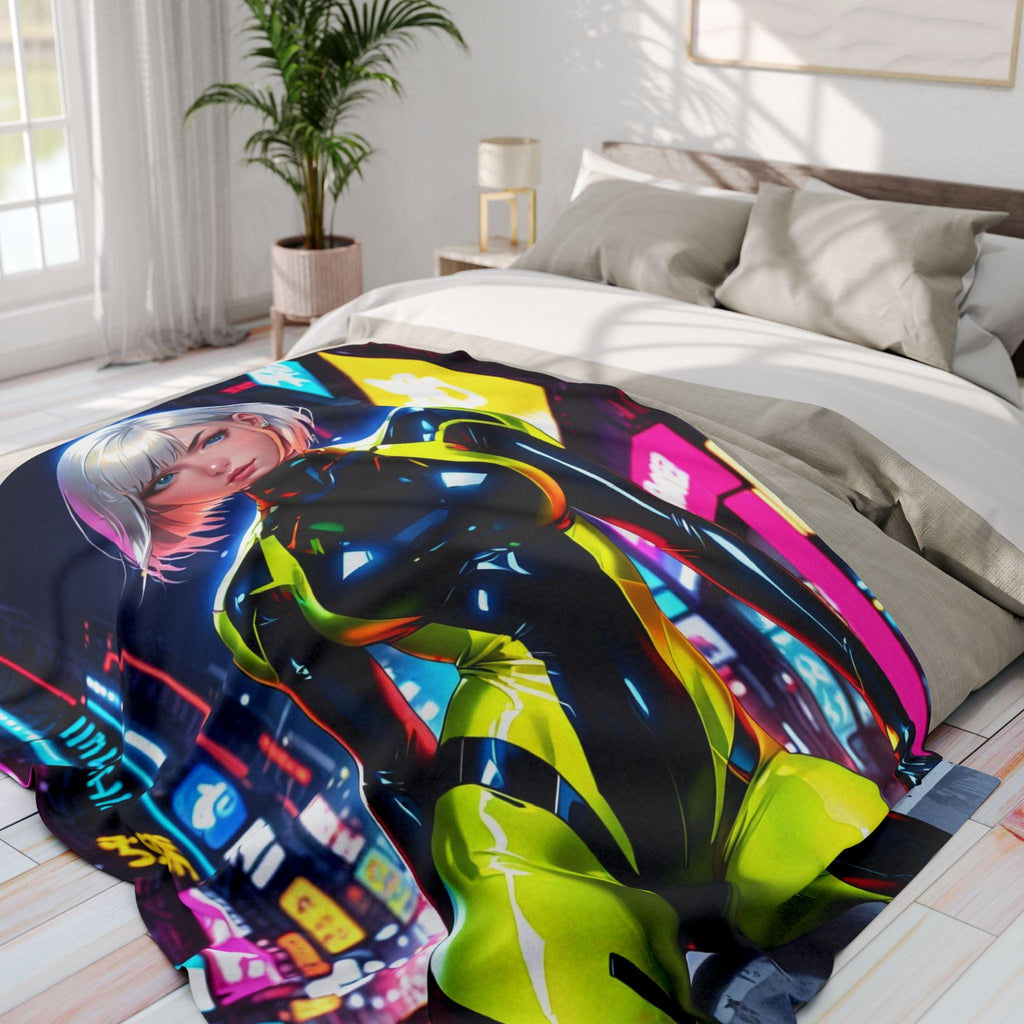 Cyberpunk Anime Girl Fleece Blanket Neon Techwear Art Throw Gift for Gamers and Anime Fans