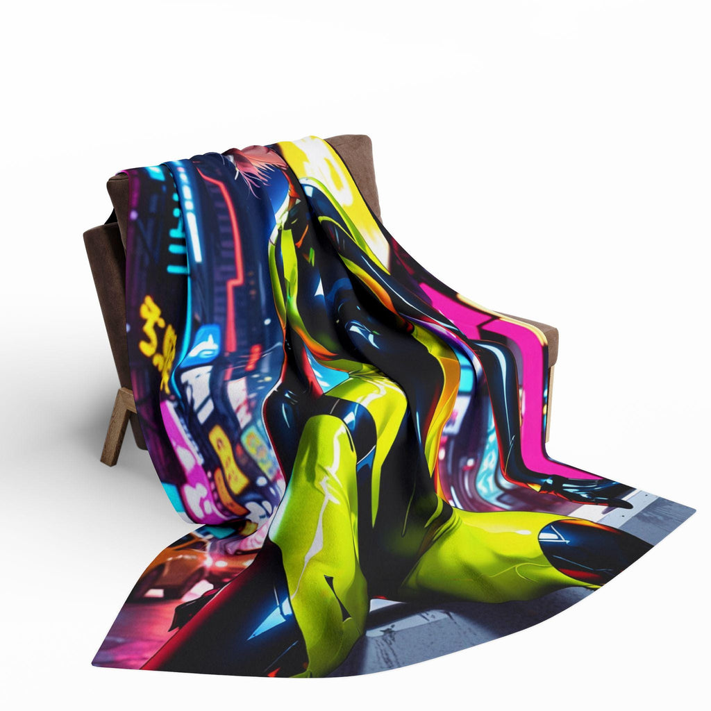 Cyberpunk Anime Girl Fleece Blanket Neon Techwear Art Throw Gift for Gamers and Anime Fans