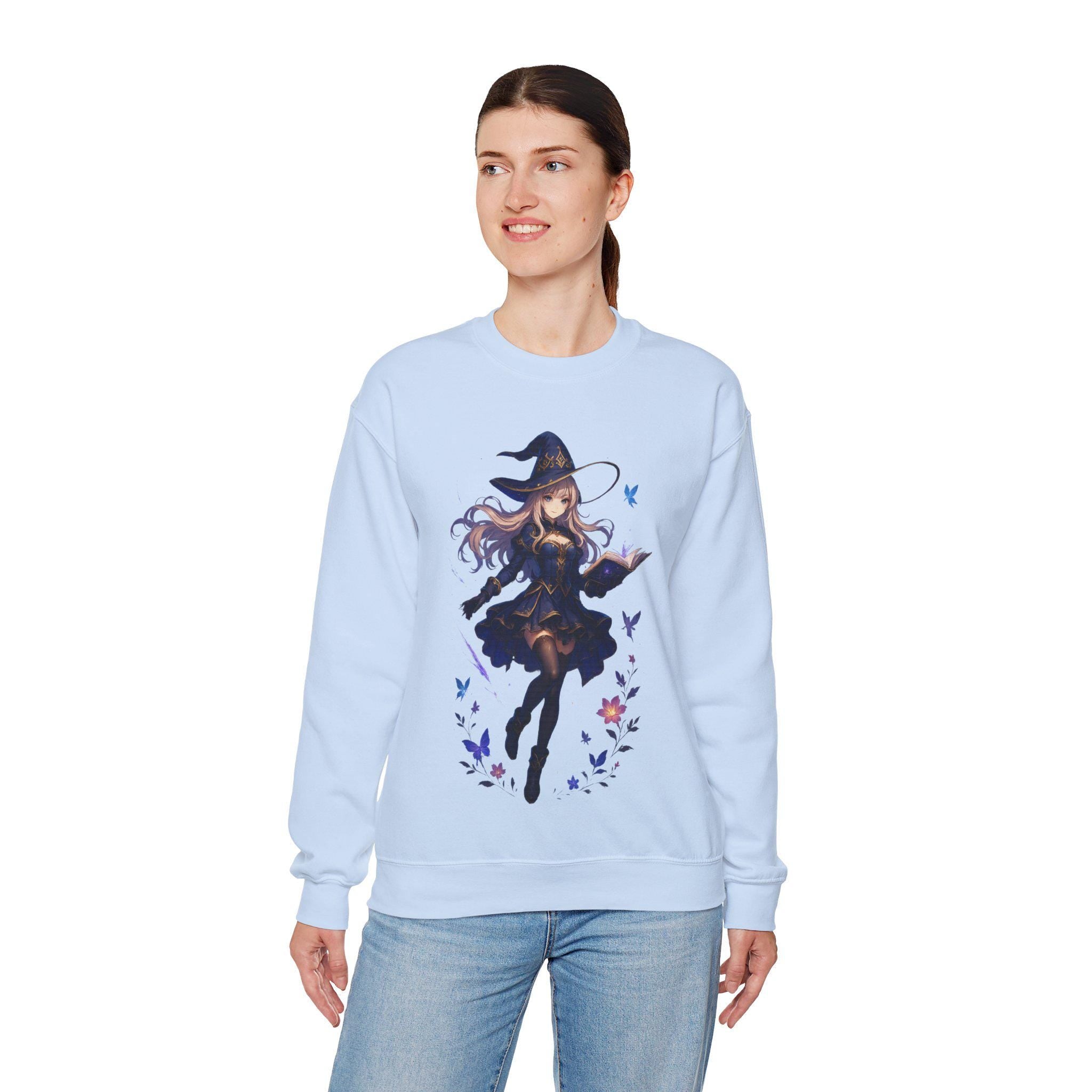 Anime Witch Girl Sweatshirt Purple Magic Butterfly Design Cozy Kawaii Fall Witchcore Gift for Anime Lovers and Gamers