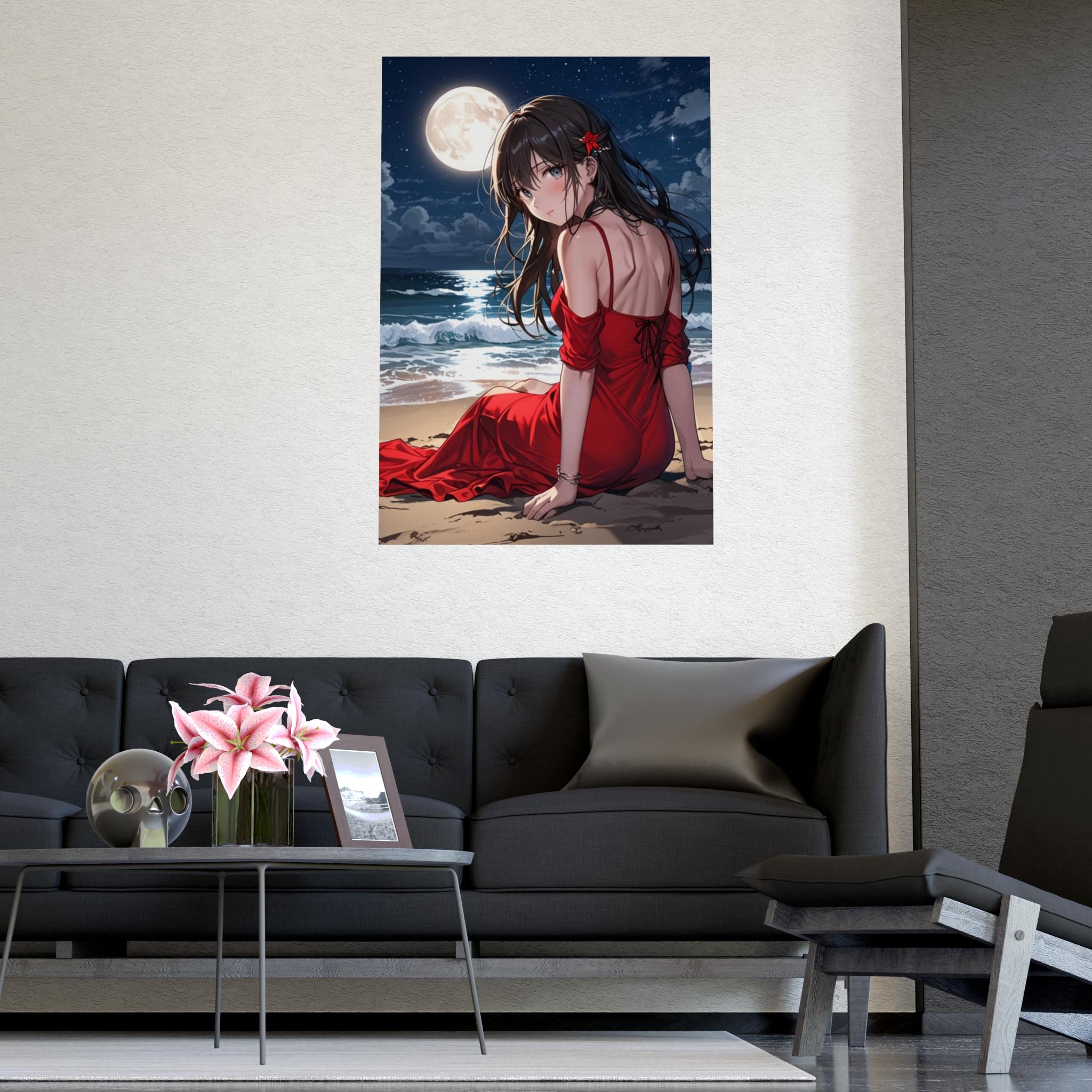 Anime Girl Poster Moonlight Beach Scene Romantic Night Aesthetic Red Dress Wall Art Gift for Anime Lovers and Collectors
