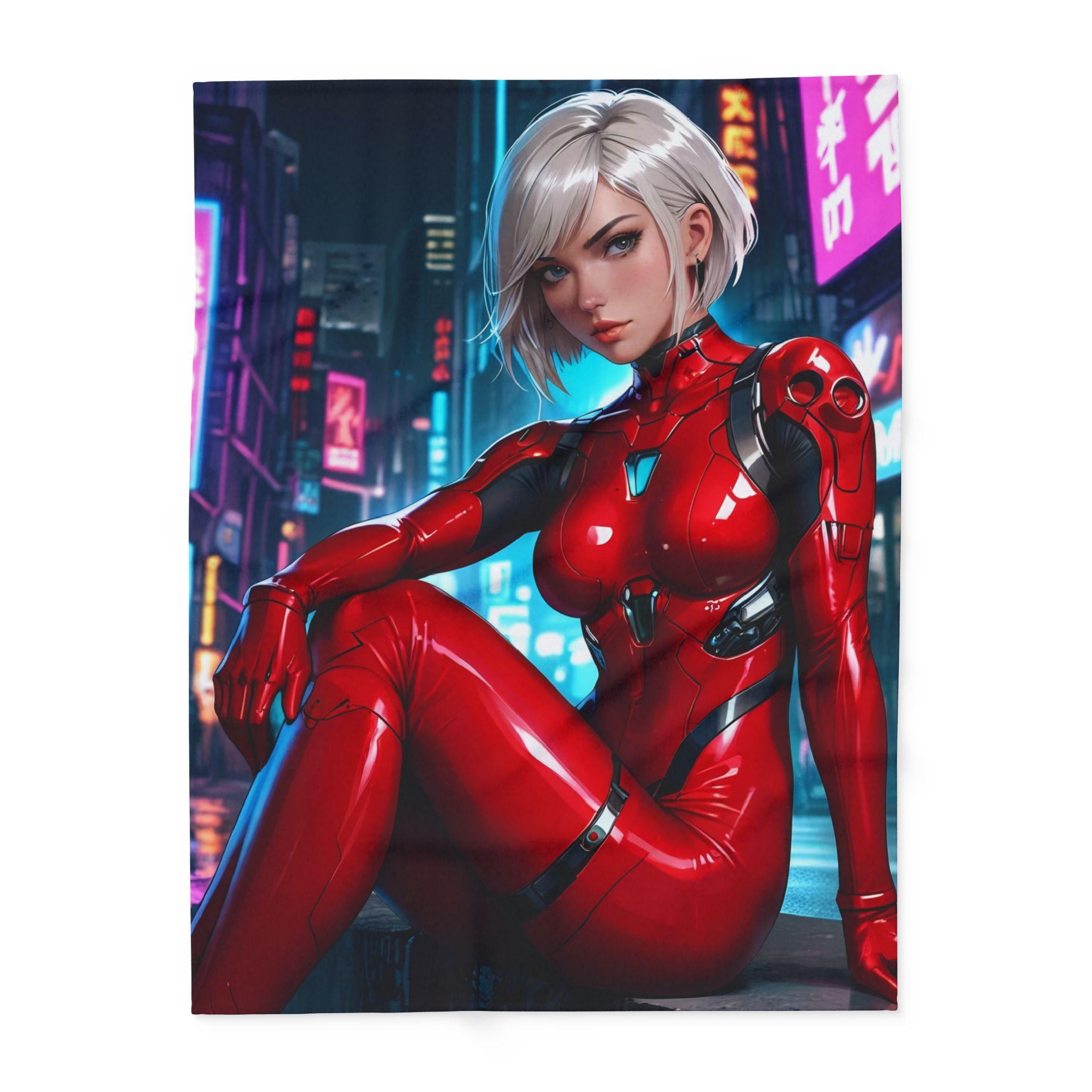 Anime Fleece Blanket Cyberpunk Girl Red Suit Neon Street Art Cozy Techwear Throw Gift for Gamers and Anime Lovers