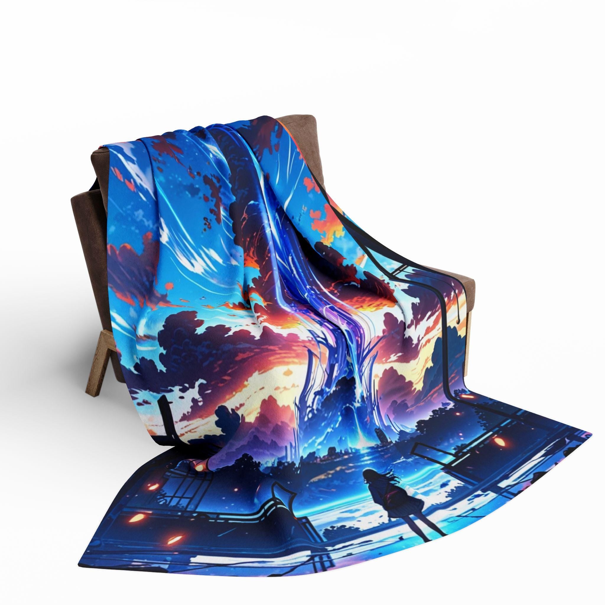 Anime Fleece Blanket Sci-Fi Tower Skybeam Throw Cyber Fantasy Art Gift for Otaku and Anime Room Decor