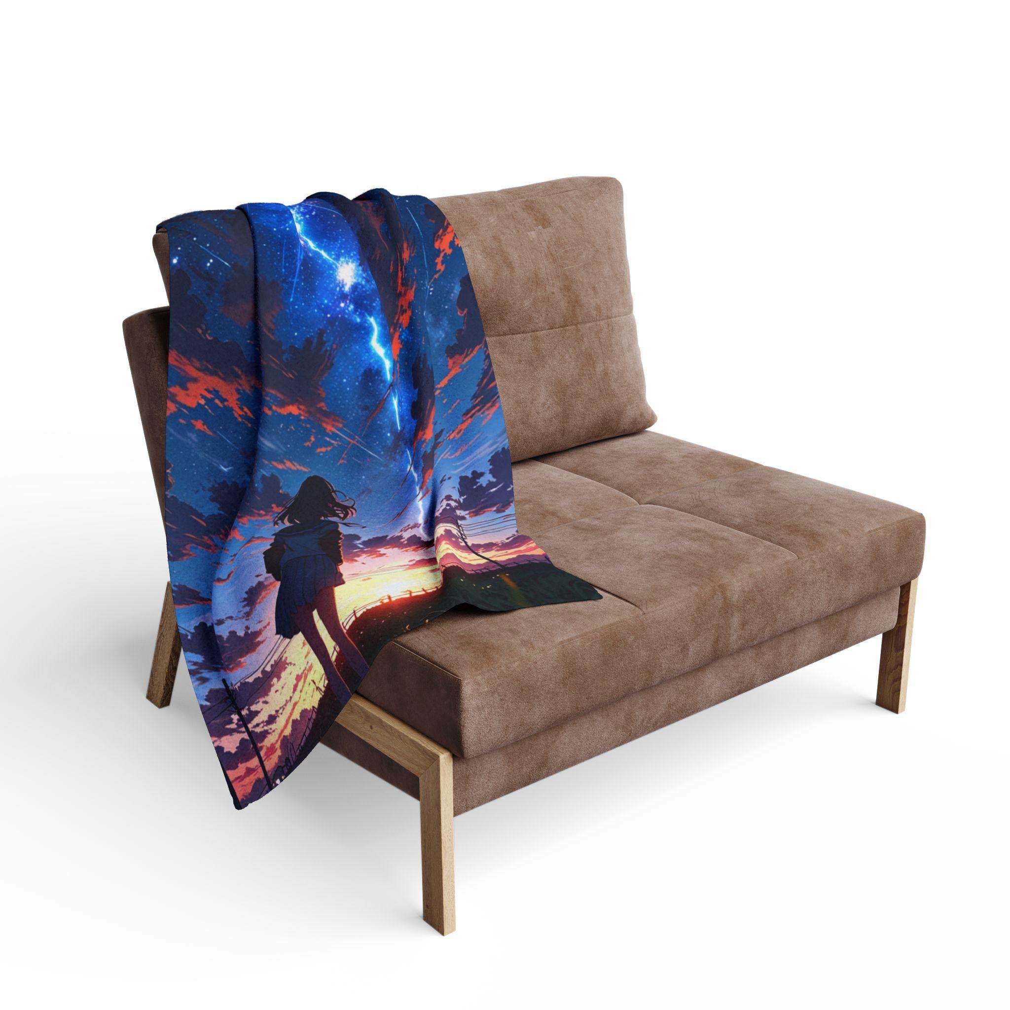 Anime Girl Sunset Fleece Blanket Stargazing Throw Cozy Otaku Gift for Anime Fans and Room Aesthetic