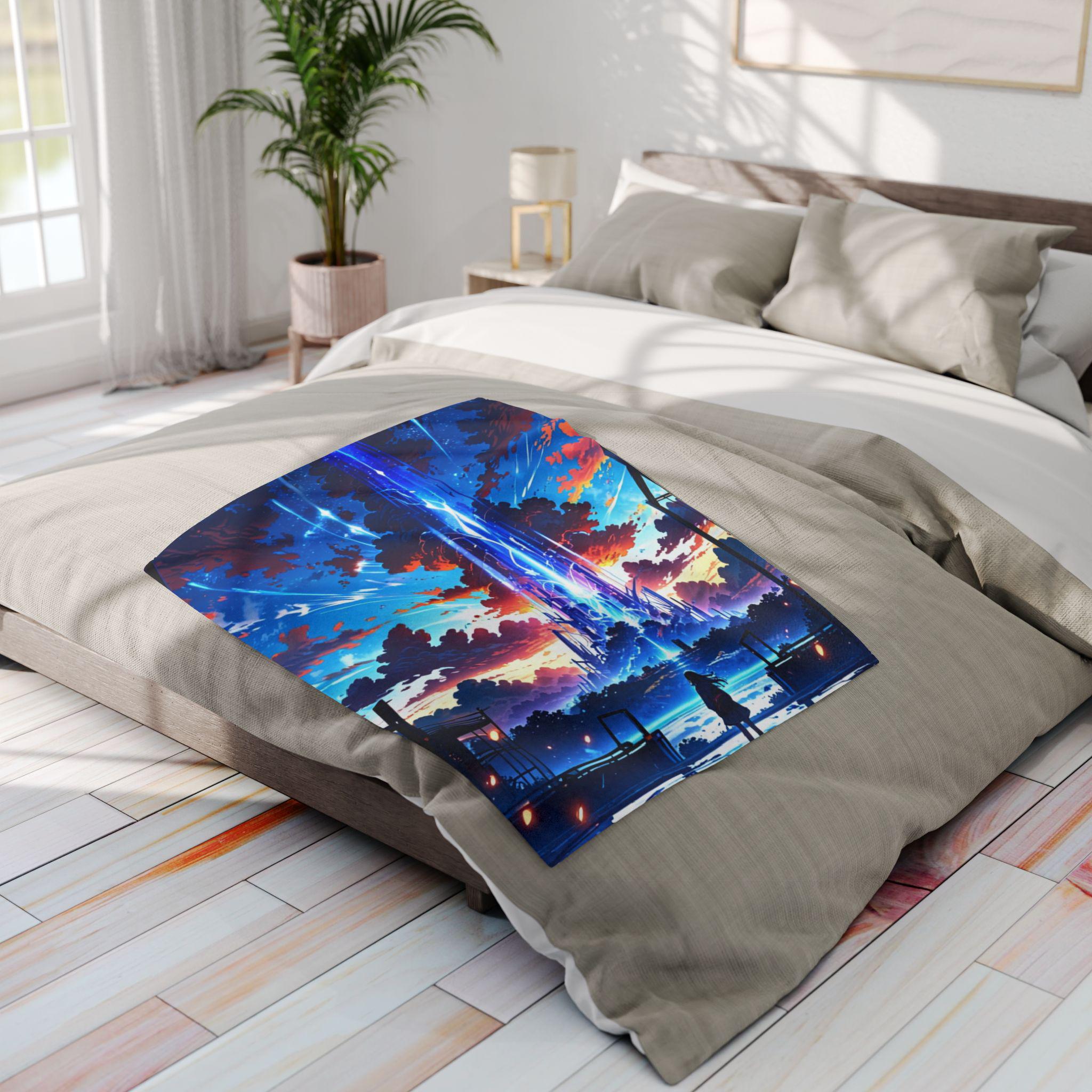 Anime Fleece Blanket Sci-Fi Tower Skybeam Throw Cyber Fantasy Art Gift for Otaku and Anime Room Decor