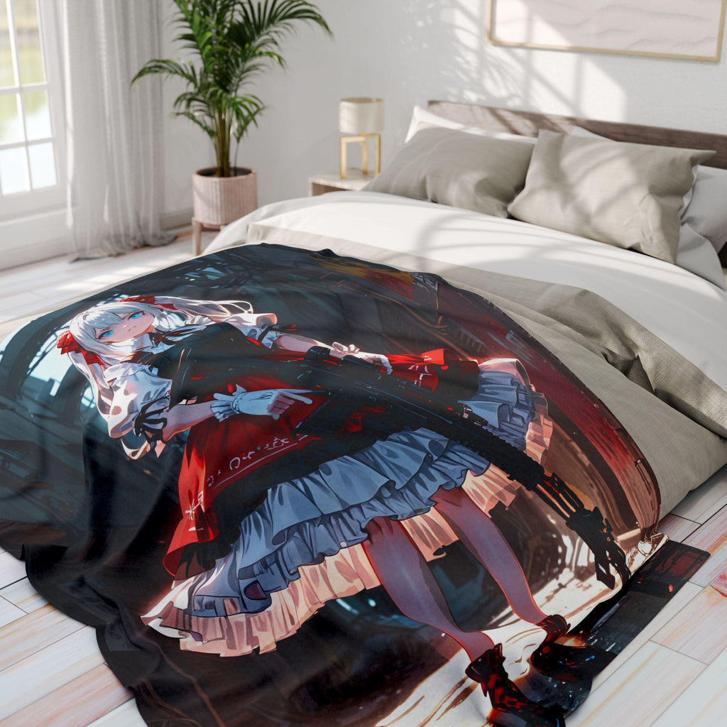 Anime Gothic Girl Fleece Blanket Red Lolita Gun Art Throw Edgy Streetwear Gift for Anime Fans and Otaku Decor