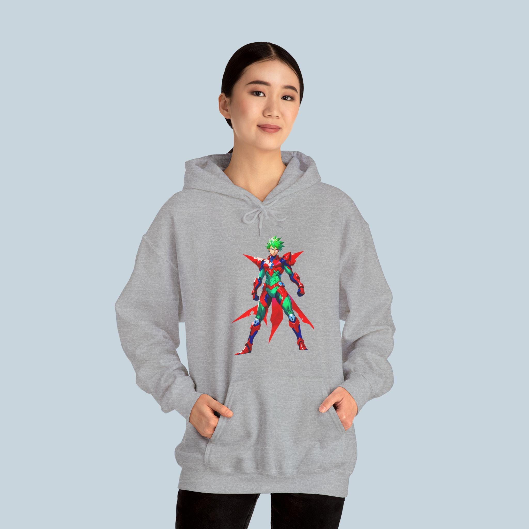 Anime Mecha Hoodie Green Red Warrior Cyber Armor Pullover Streetwear Techwear Gift for Gamers and Anime Fans