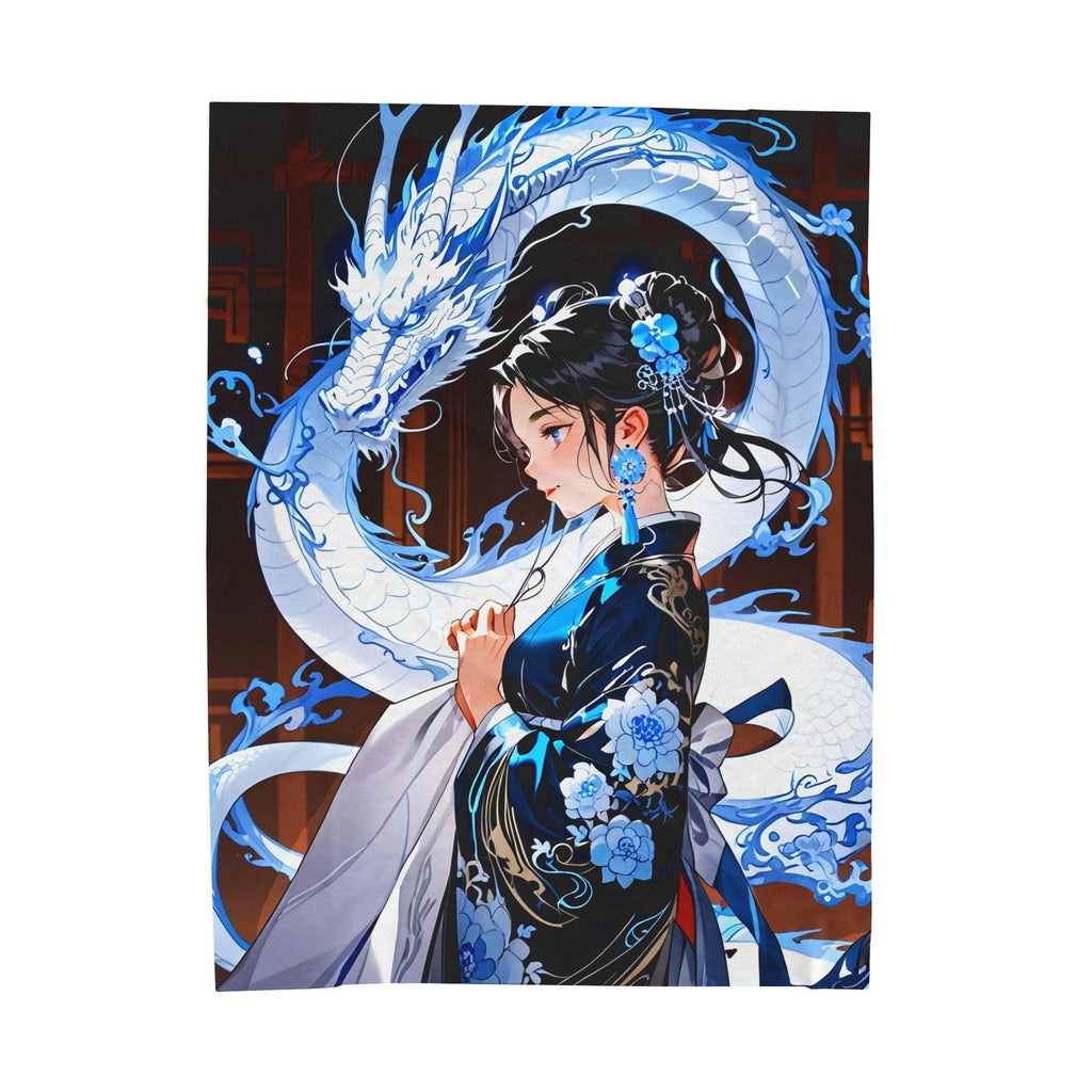 Blue Dragon Anime Girl Sherpa Blanket Elegant Kimono Spirit Beast Cozy Soft Gift for Anime Lovers Chinese Fantasy Room Decor