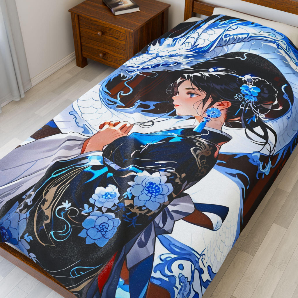 Blue Dragon Anime Girl Sherpa Blanket Elegant Kimono Spirit Beast Cozy Soft Gift for Anime Lovers Chinese Fantasy Room Decor