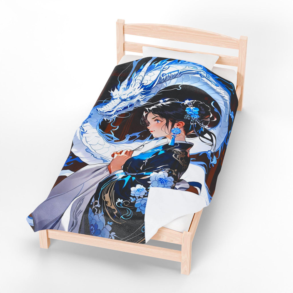 Blue Dragon Anime Girl Sherpa Blanket Elegant Kimono Spirit Beast Cozy Soft Gift for Anime Lovers Chinese Fantasy Room Decor