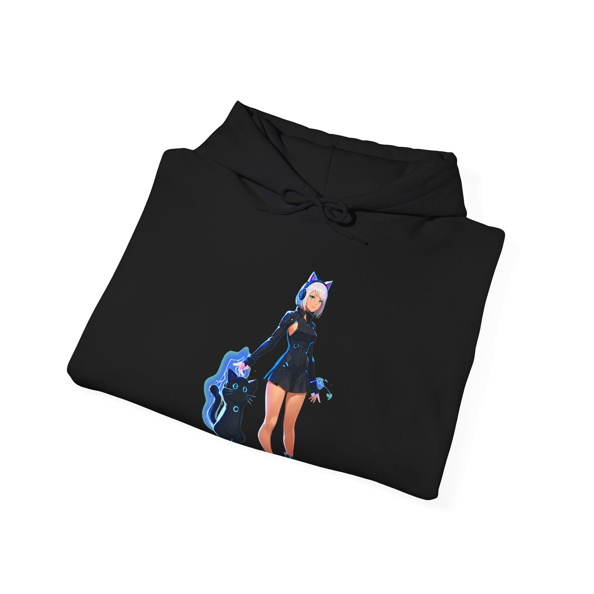 Cyber Cat Girl Hoodie Neon Anime Streetwear Cute Futuristic Techwear Hoodie Gift for Anime Fans and Gamers