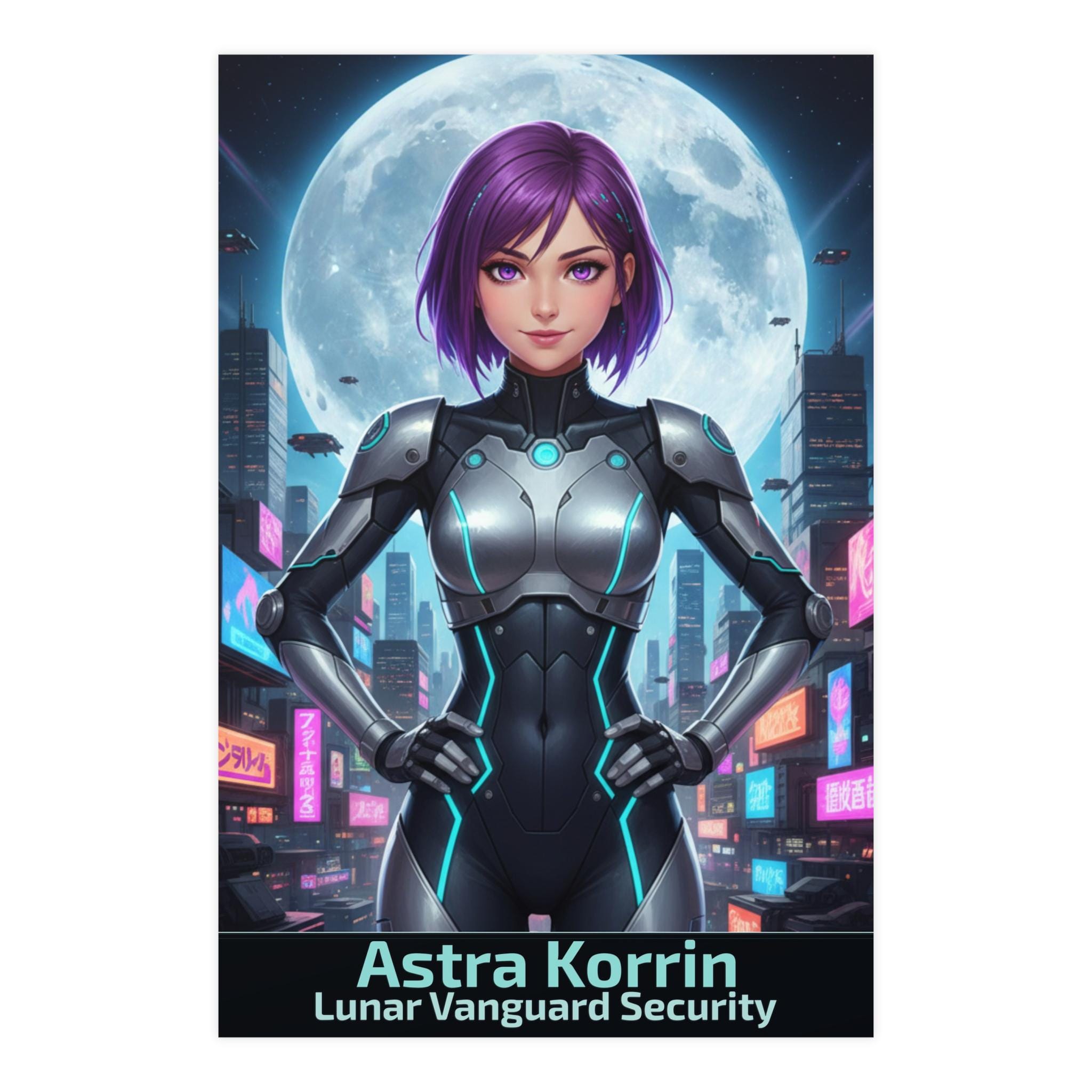 Astra Korrin Anime Poster Cyberpunk Security Girl Lunar City Wall Art Techwear Gift for Anime Fans and Gamers