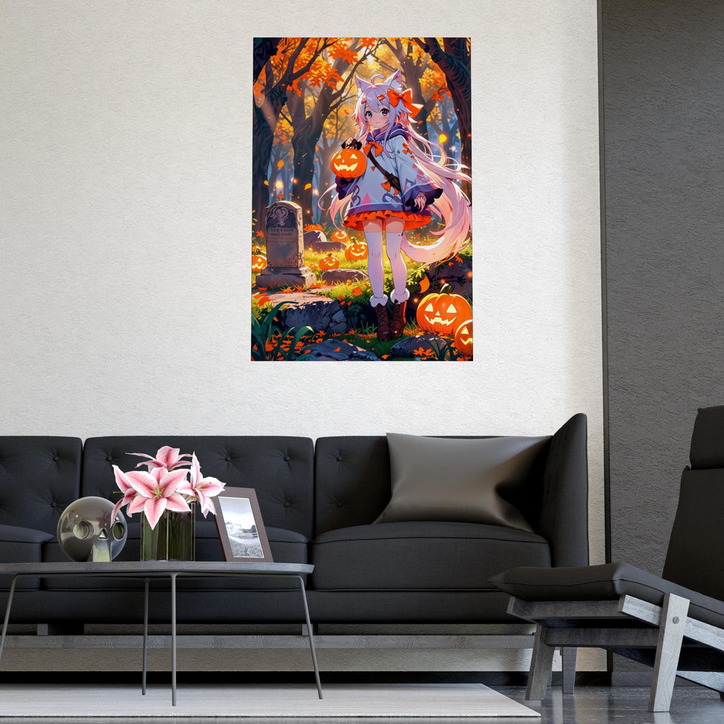 Autumn Cat Spirit Anime Poster Fall Wall Art Kawaii Cat Girl with Pumpkins Cozy Halloween Aesthetic Gift for Anime Fans and Collectors