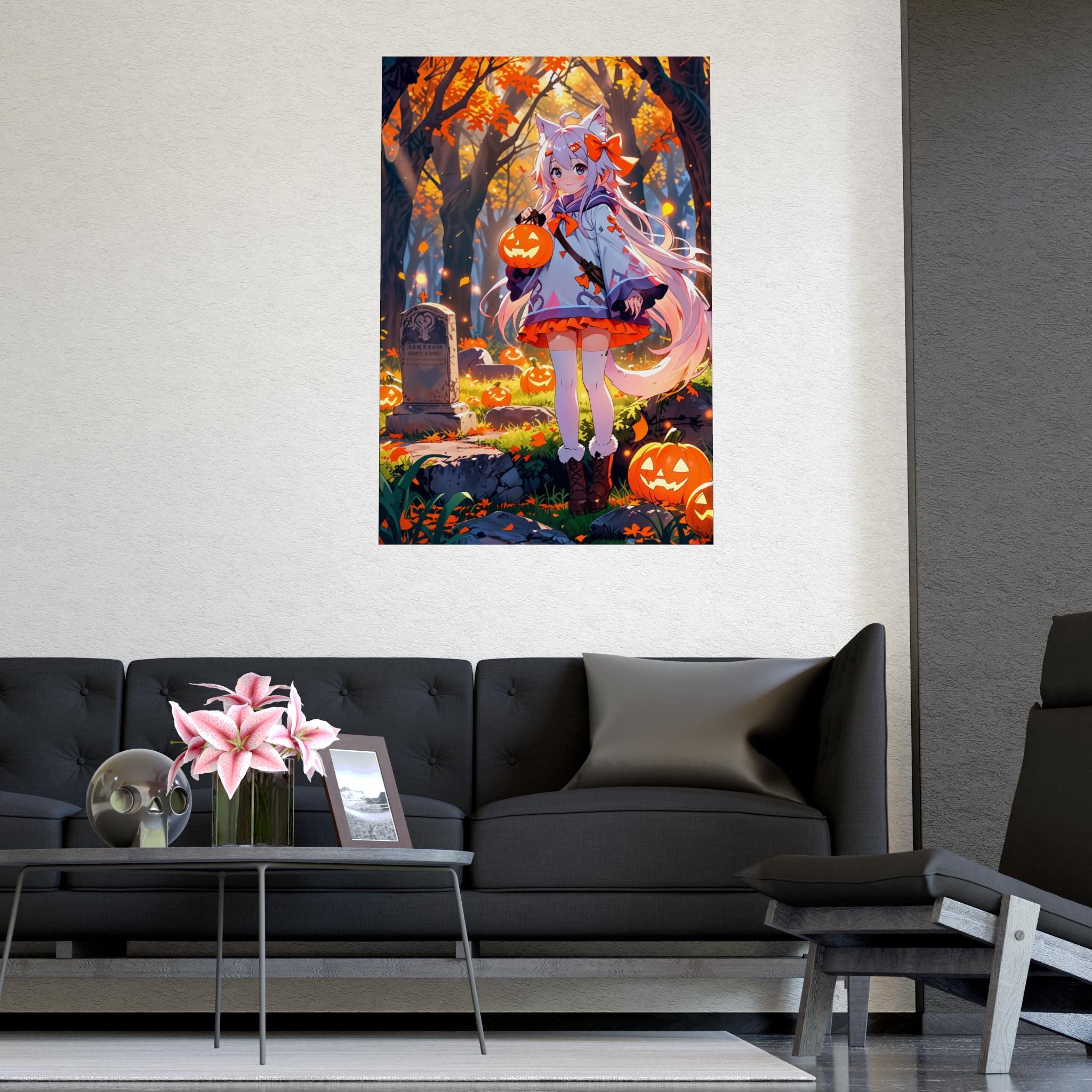Autumn Cat Spirit Anime Poster Fall Wall Art Kawaii Cat Girl with Pumpkins Cozy Halloween Aesthetic Gift for Anime Fans and Collectors