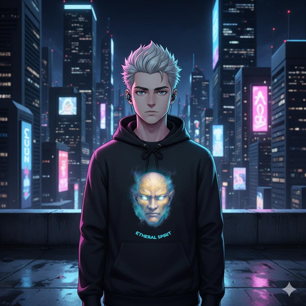 Ethereal Spirit Hoodie Anime Glow Face Pullover Gift for Gamers and Fantasy Fans Streetwear Mystic Aura