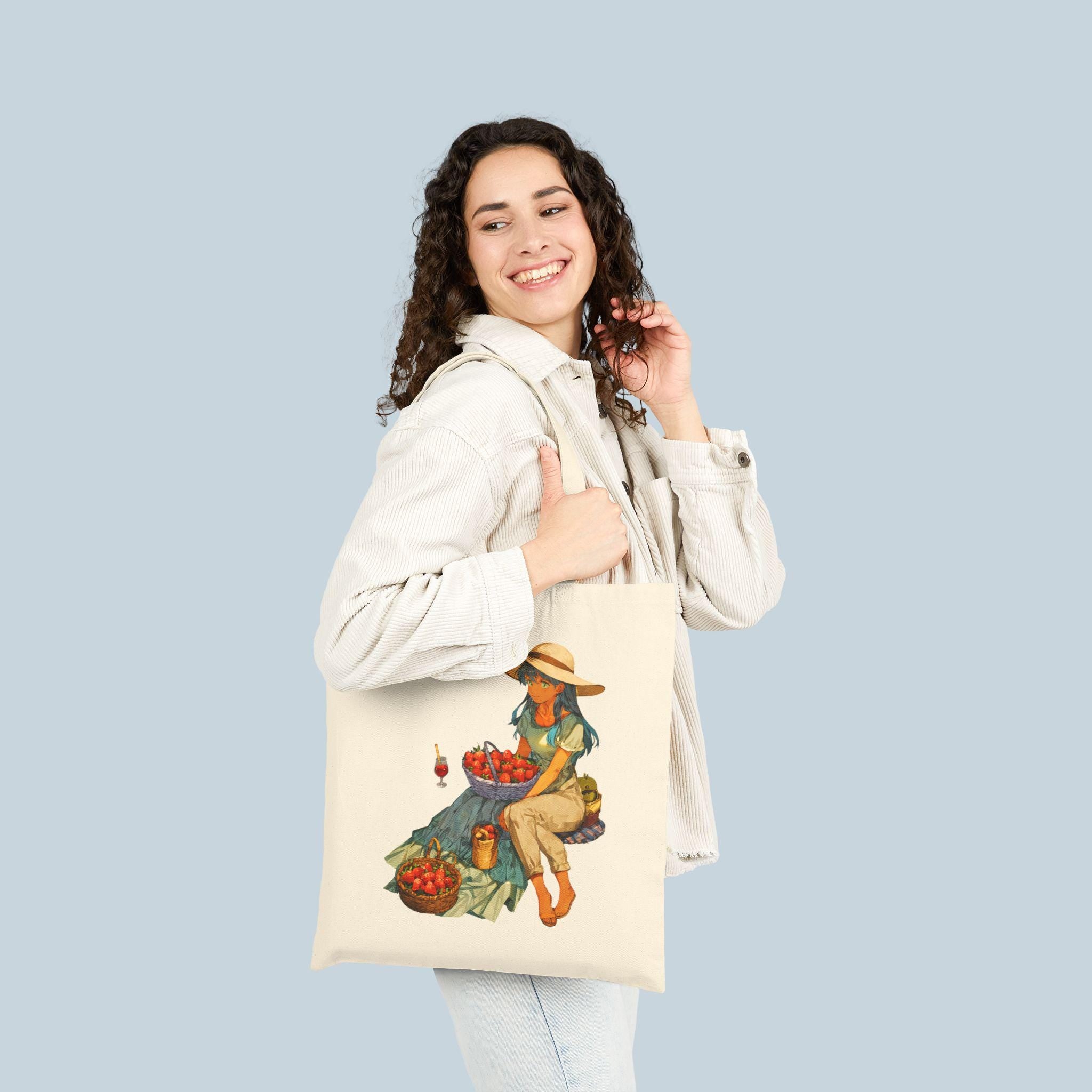 Anime Picnic Tote Bag Aesthetic Strawberry Girl Cottagecore Farmers Market Bag Gift for Anime Lovers and Cozy Nature Fans