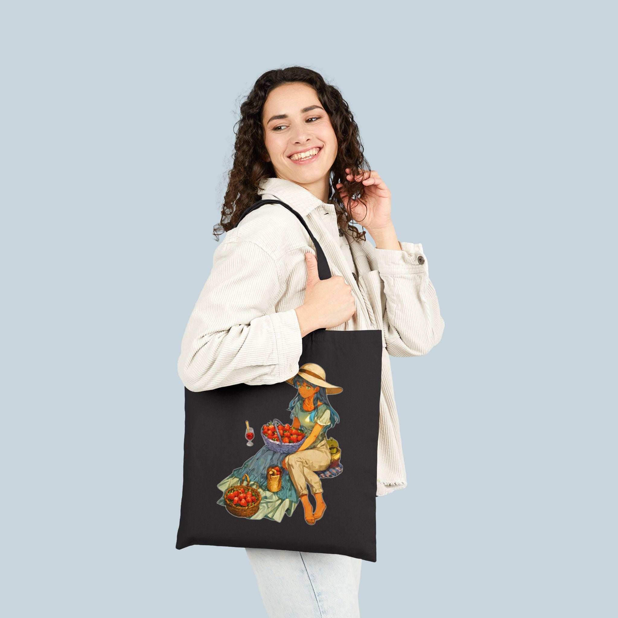 Anime Picnic Tote Bag Aesthetic Strawberry Girl Cottagecore Farmers Market Bag Gift for Anime Lovers and Cozy Nature Fans