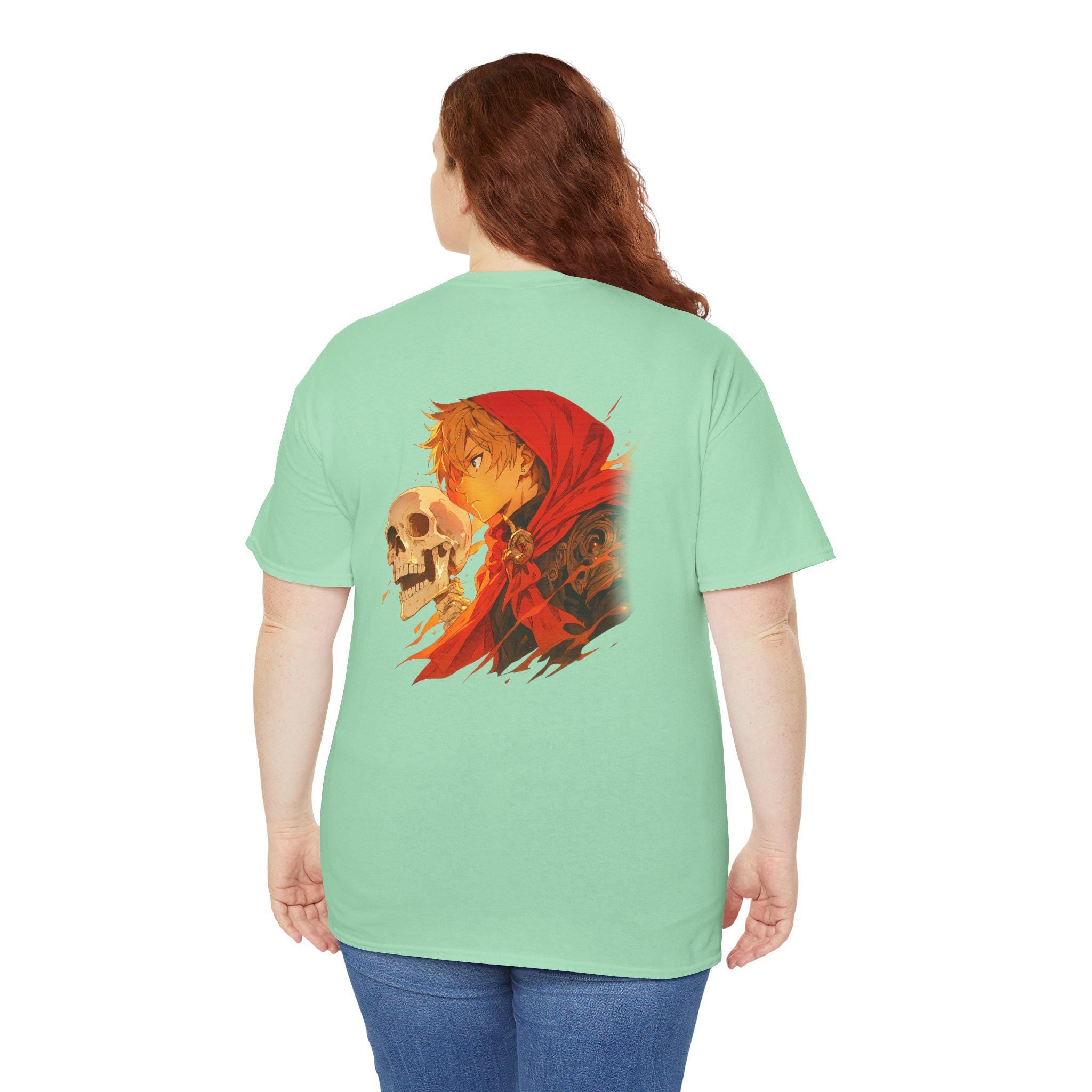 Anime Skull Hoodie Boy Shirt Red Cloak Fire Glow T-Shirt Cool Otaku Graphic Tee Gift for Anime Fans and Collectors