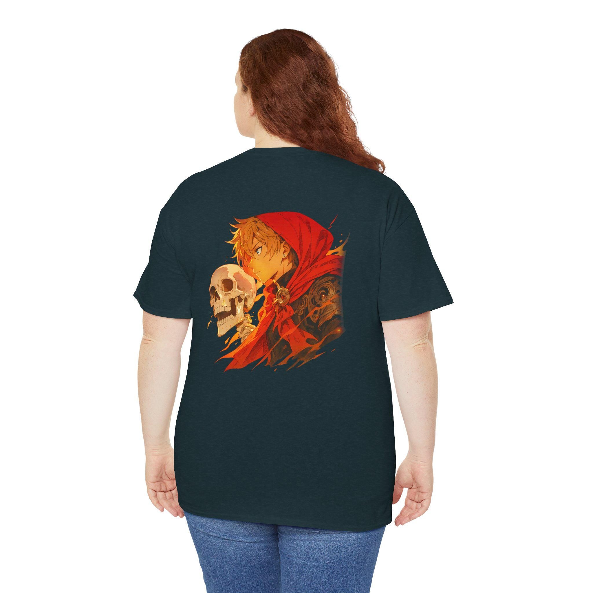 Anime Skull Hoodie Boy Shirt Red Cloak Fire Glow T-Shirt Cool Otaku Graphic Tee Gift for Anime Fans and Collectors