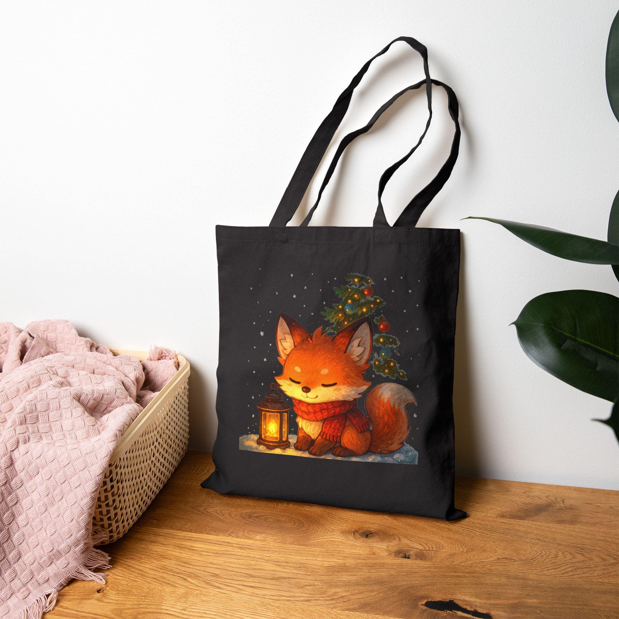 Cute Christmas Fox Tote Bag with Lantern, Holiday Gift Bag, Cozy Kawaii Animal Shopper, Woodland Winter Aesthetic Canvas Tote