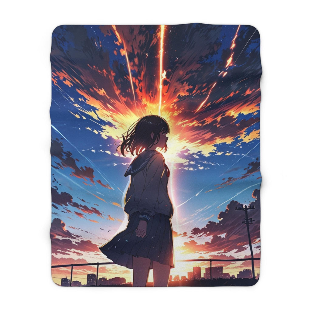 Anime Sherpa Blanket Girl Sunset Scene Cozy Fleece Throw Kawaii Manga Aesthetic Gift for Anime Lovers and Fans