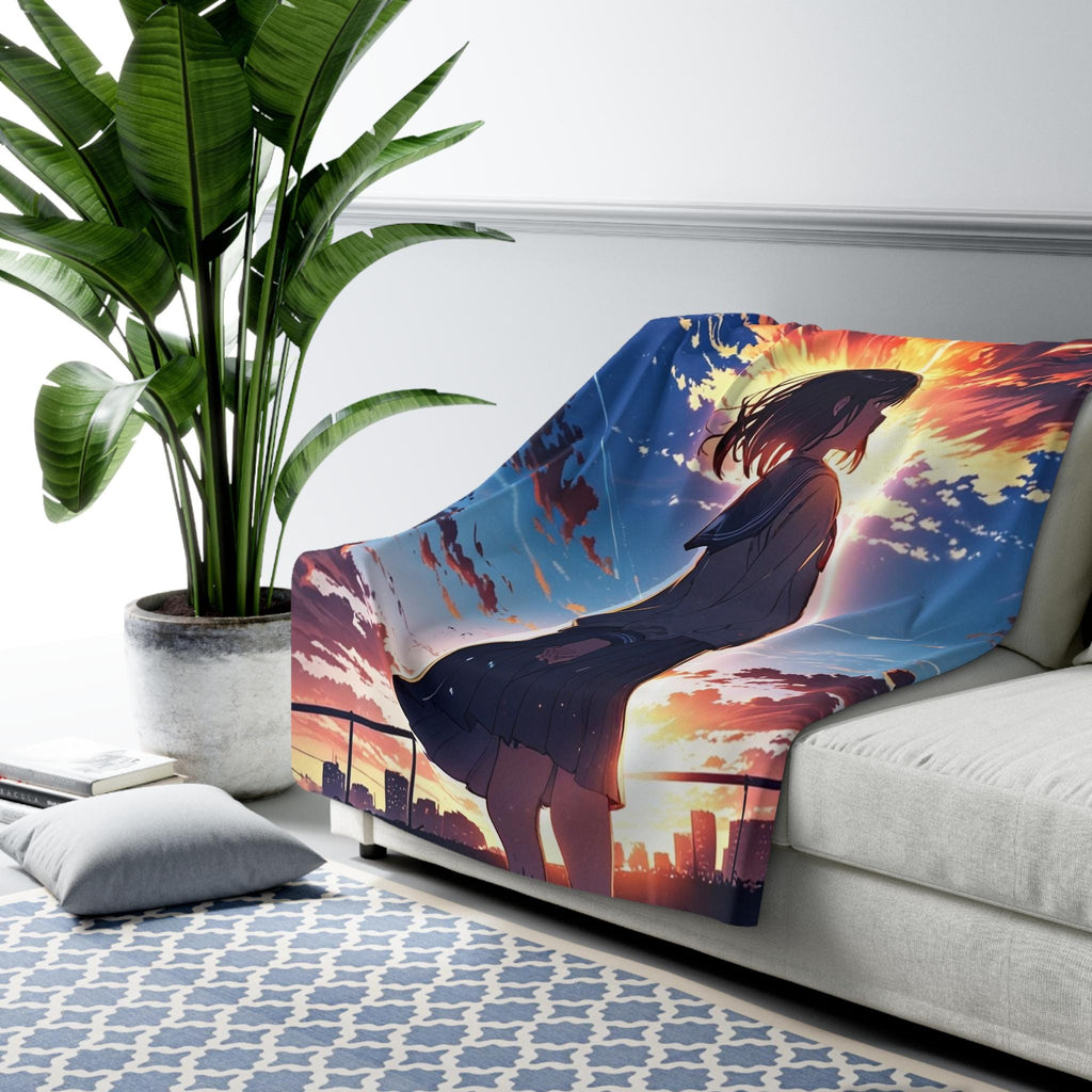 Anime Sherpa Blanket Girl Sunset Scene Cozy Fleece Throw Kawaii Manga Aesthetic Gift for Anime Lovers and Fans