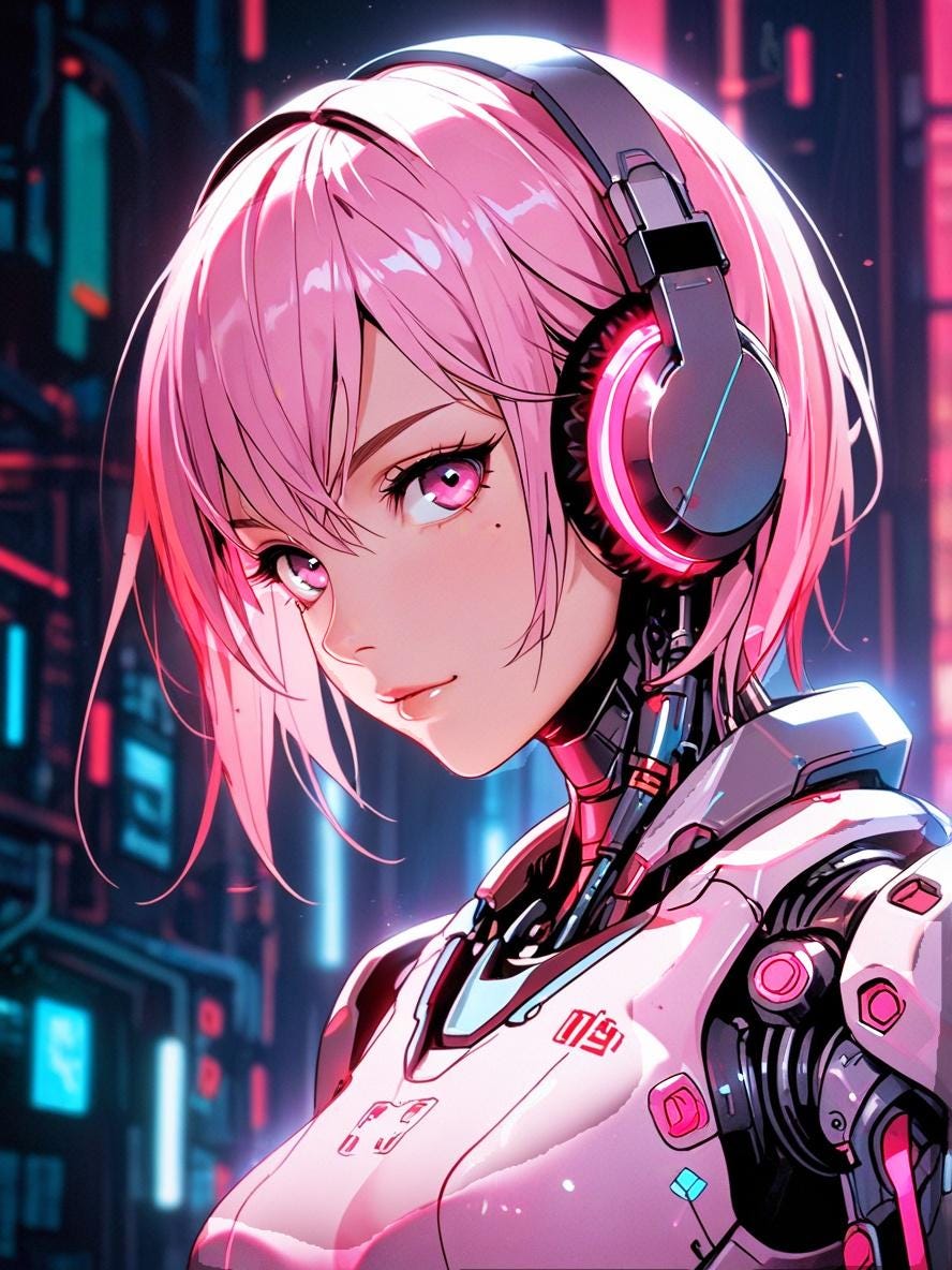 Cyberpunk Anime Girl Sherpa Blanket Pink Hair Neon Headphones Fleece Throw Gift for Gamers and Anime Lovers