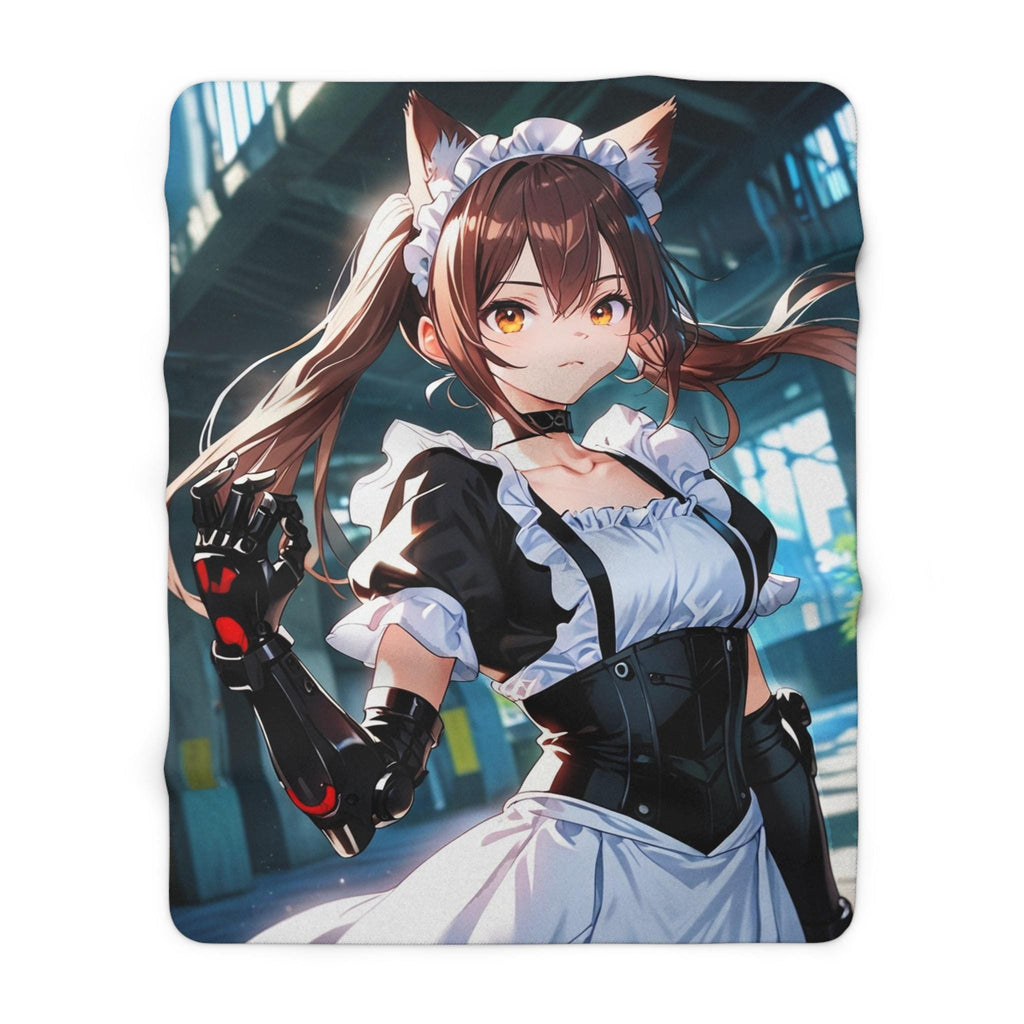 Anime Catgirl Sherpa Blanket Cyber Maid with Robotic Arm Fleece Throw Futuristic Anime Blanket Gift for Otaku and Cosplayers