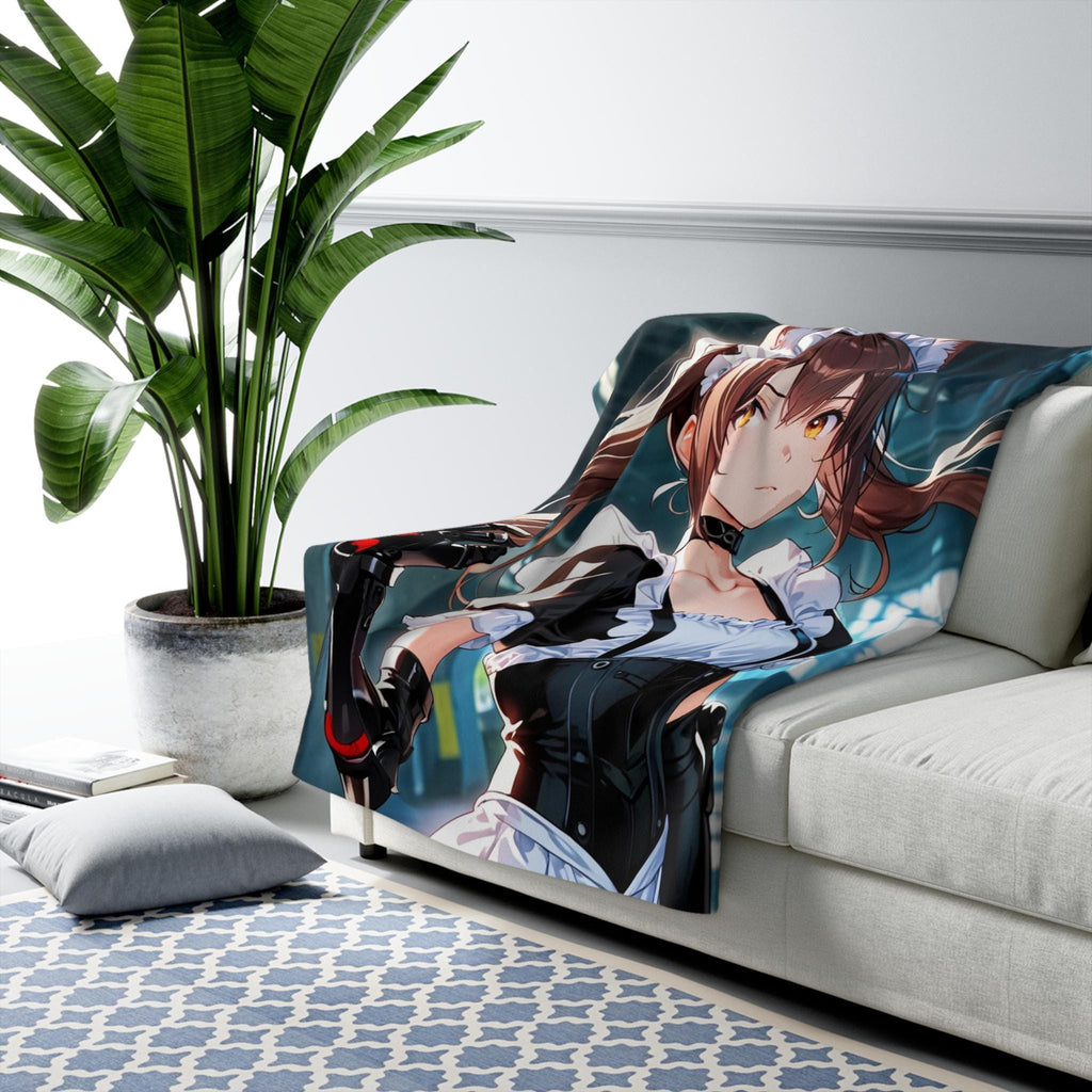 Anime Catgirl Sherpa Blanket Cyber Maid with Robotic Arm Fleece Throw Futuristic Anime Blanket Gift for Otaku and Cosplayers