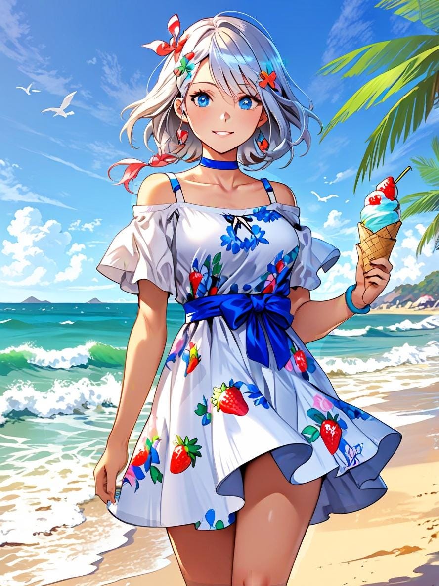 Kawaii Beach Girl Sherpa Blanket Summer Anime Fleece Throw Strawberry Dress Ice Cream Scene Gift for Anime Fans