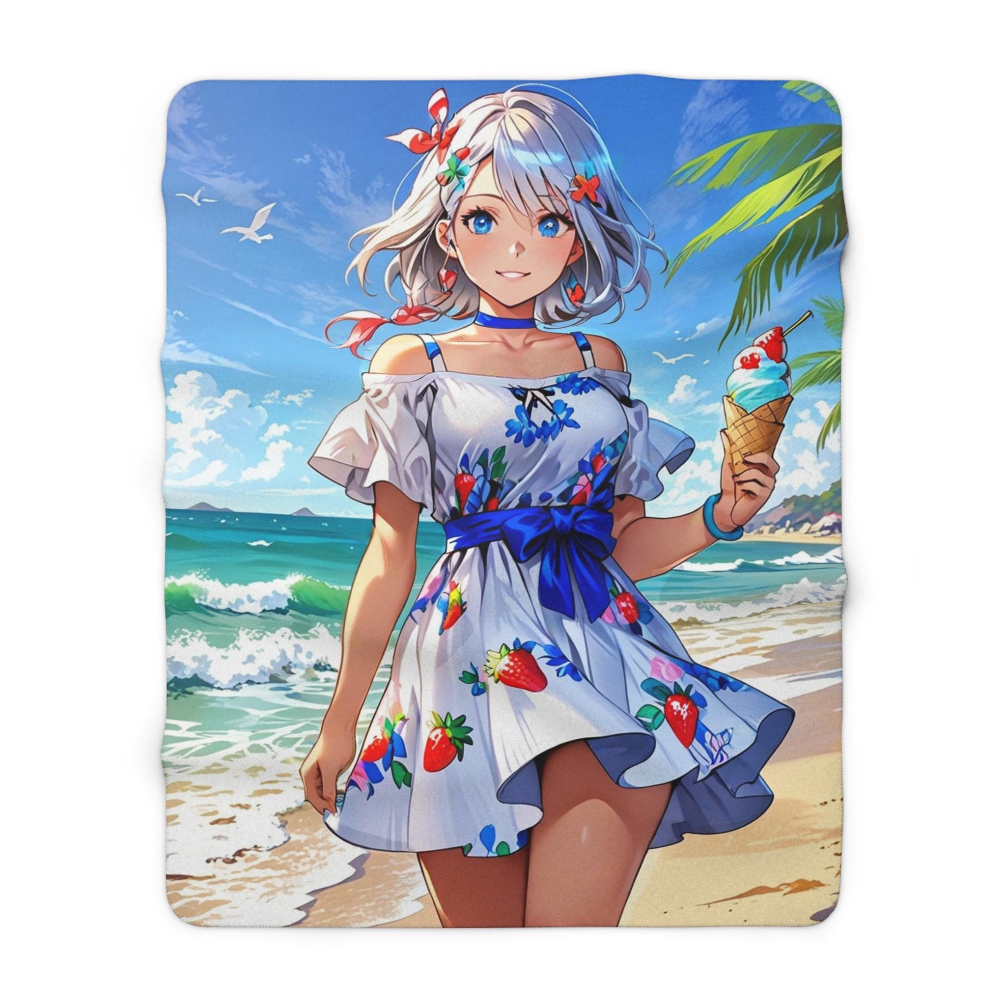 Kawaii Beach Girl Sherpa Blanket Summer Anime Fleece Throw Strawberry Dress Ice Cream Scene Gift for Anime Fans