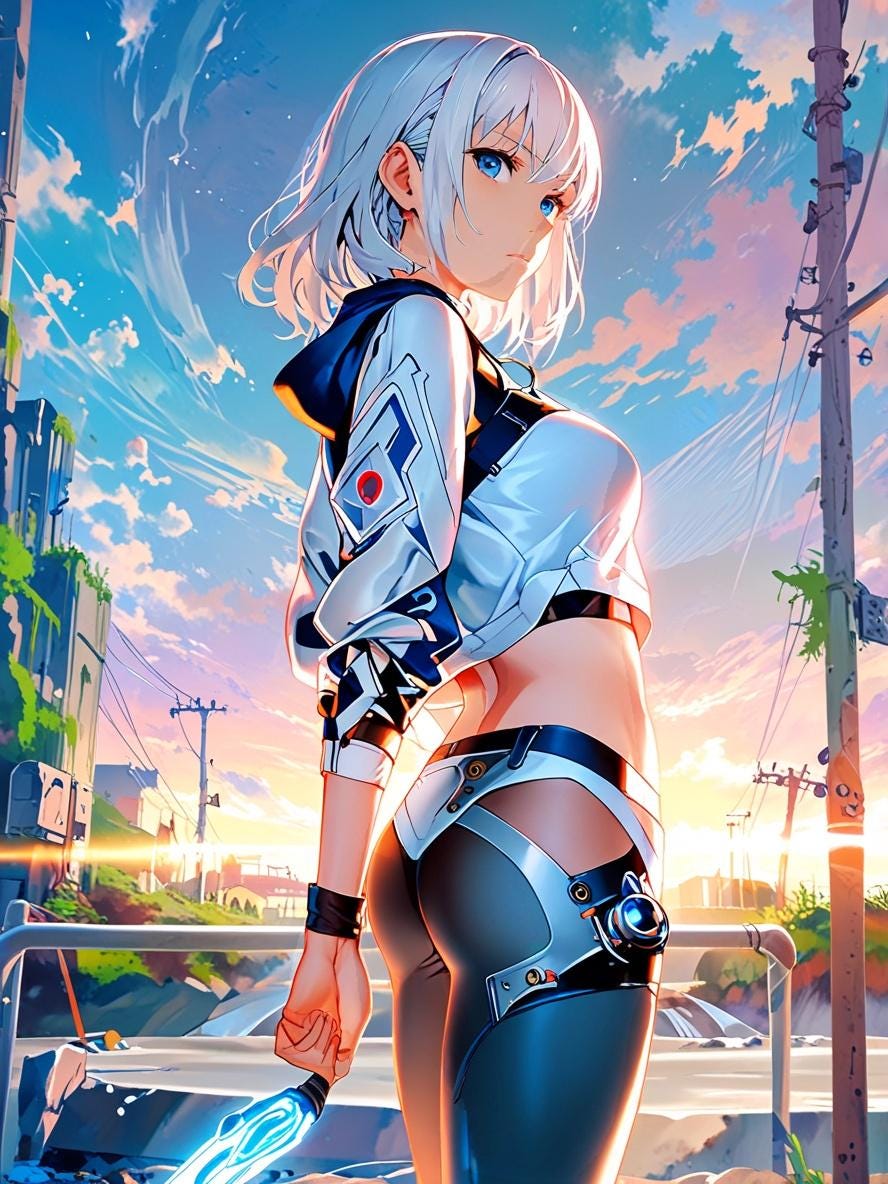 Futuristic Anime Girl Sherpa Blanket White Hair Blade Warrior Fleece Throw Neon City Sunset Gift for Anime and Gamer Fans