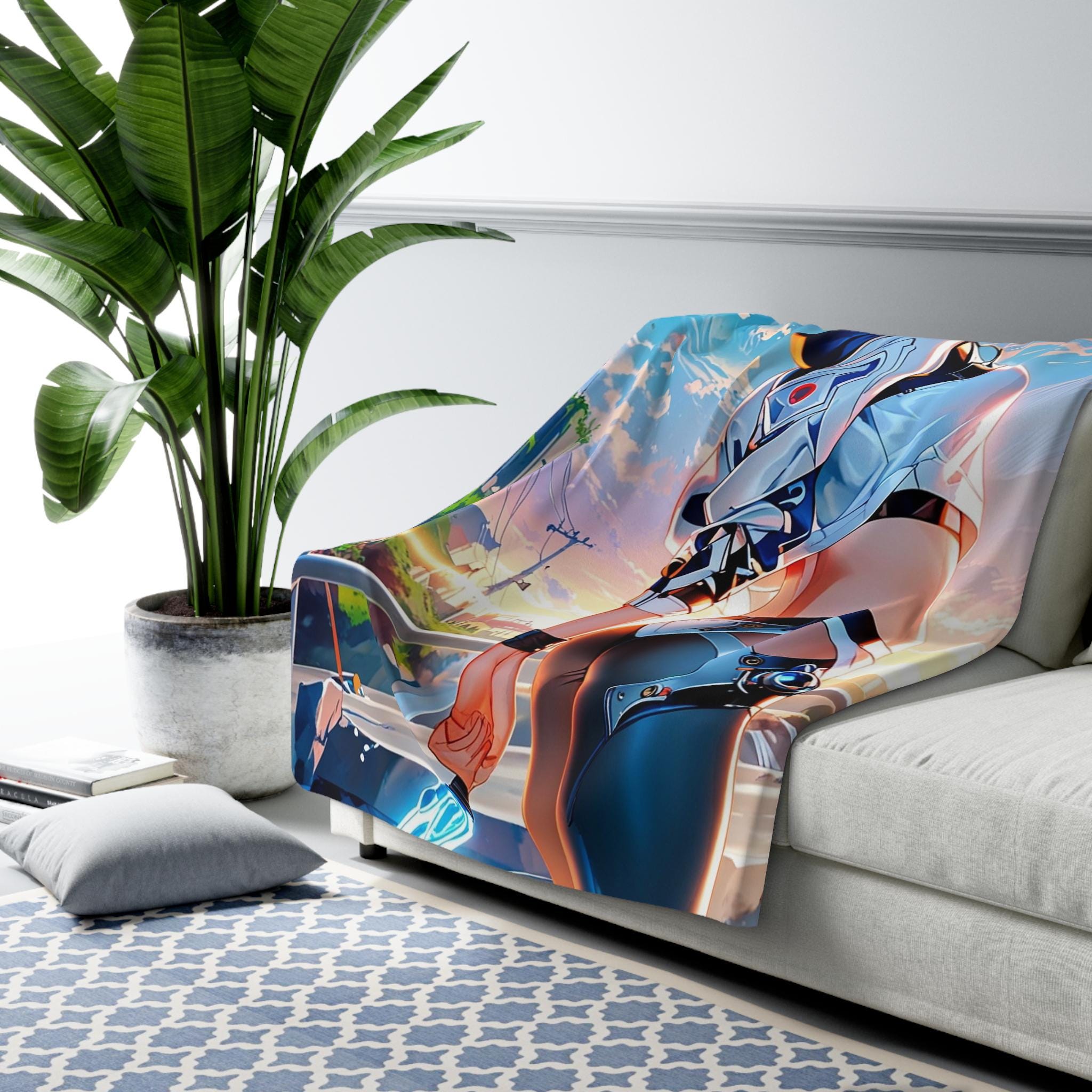 Futuristic Anime Girl Sherpa Blanket White Hair Blade Warrior Fleece Throw Neon City Sunset Gift for Anime and Gamer Fans