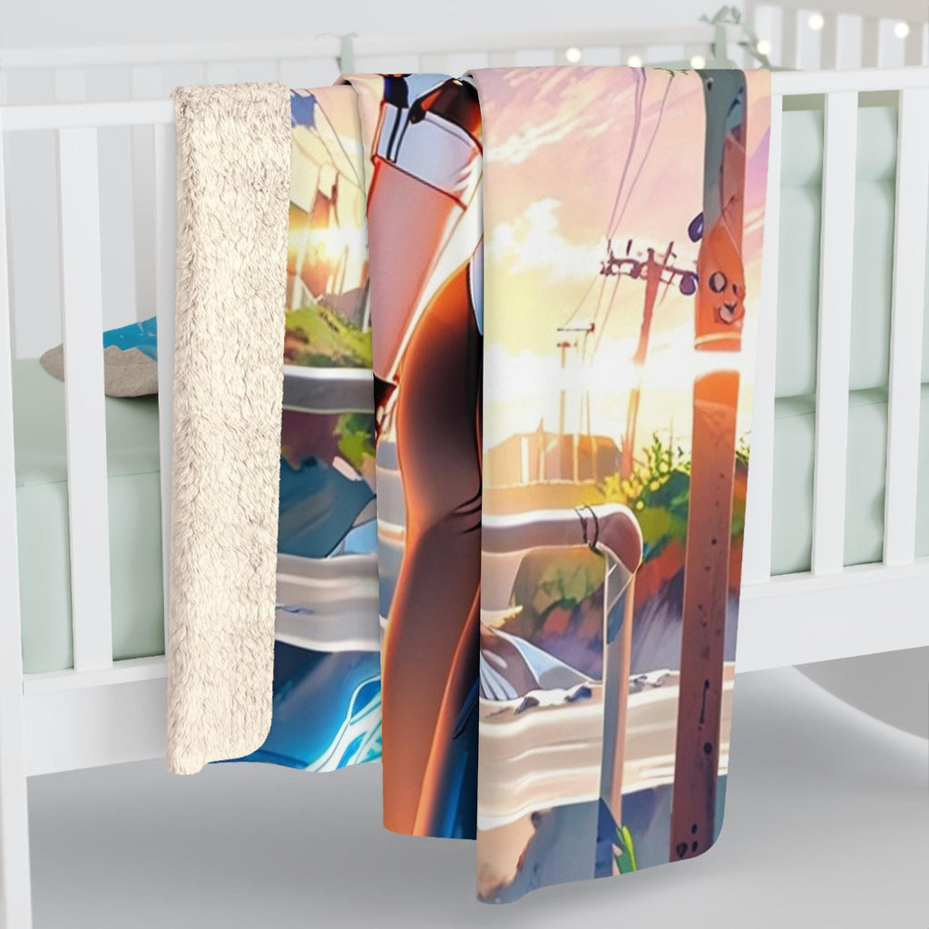 Futuristic Anime Girl Sherpa Blanket White Hair Blade Warrior Fleece Throw Neon City Sunset Gift for Anime and Gamer Fans