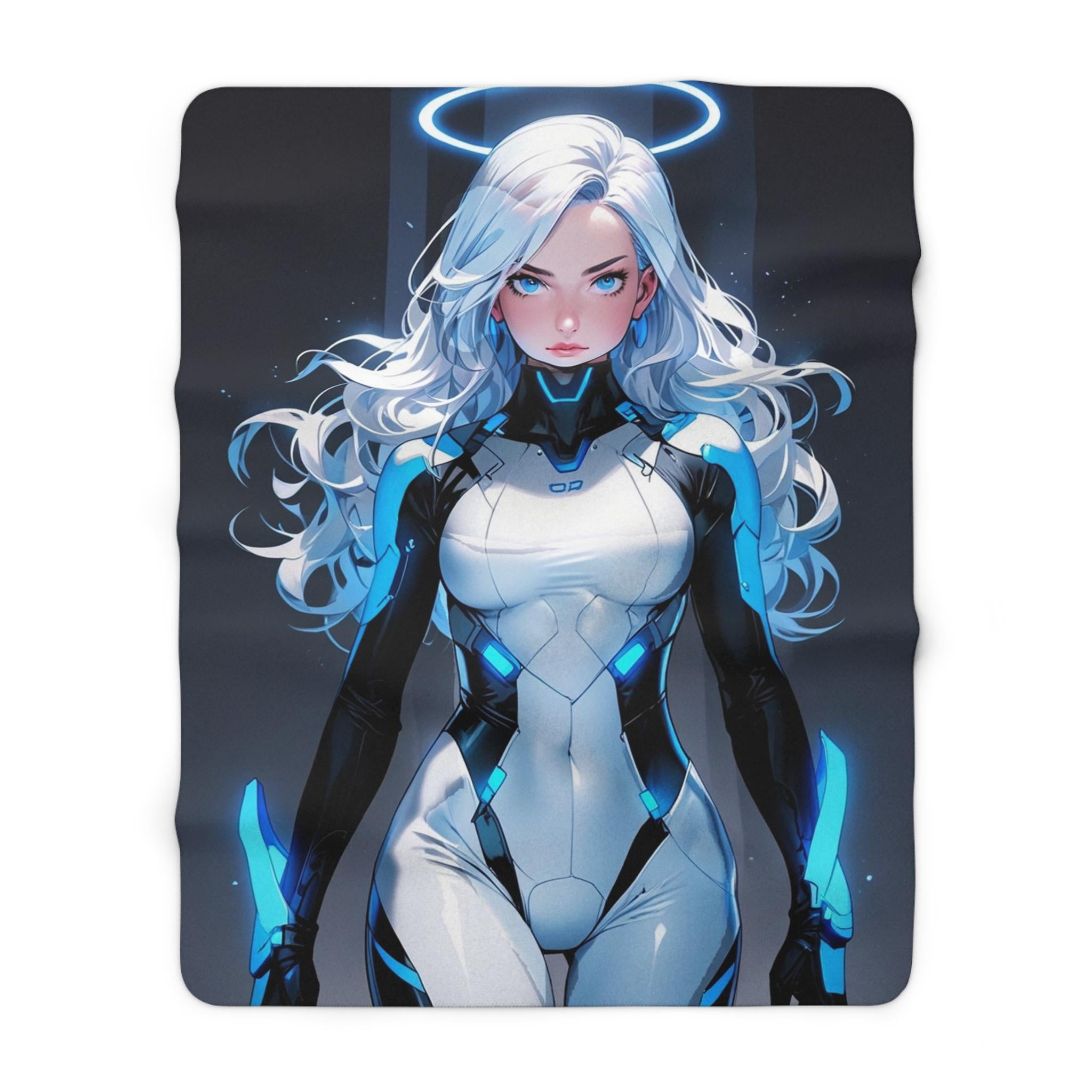 Cyber Angel Anime Blanket, Futuristic Neon Valkyrie Sherpa Throw for Sci-Fi Fans, Gamers, and Anime Lovers