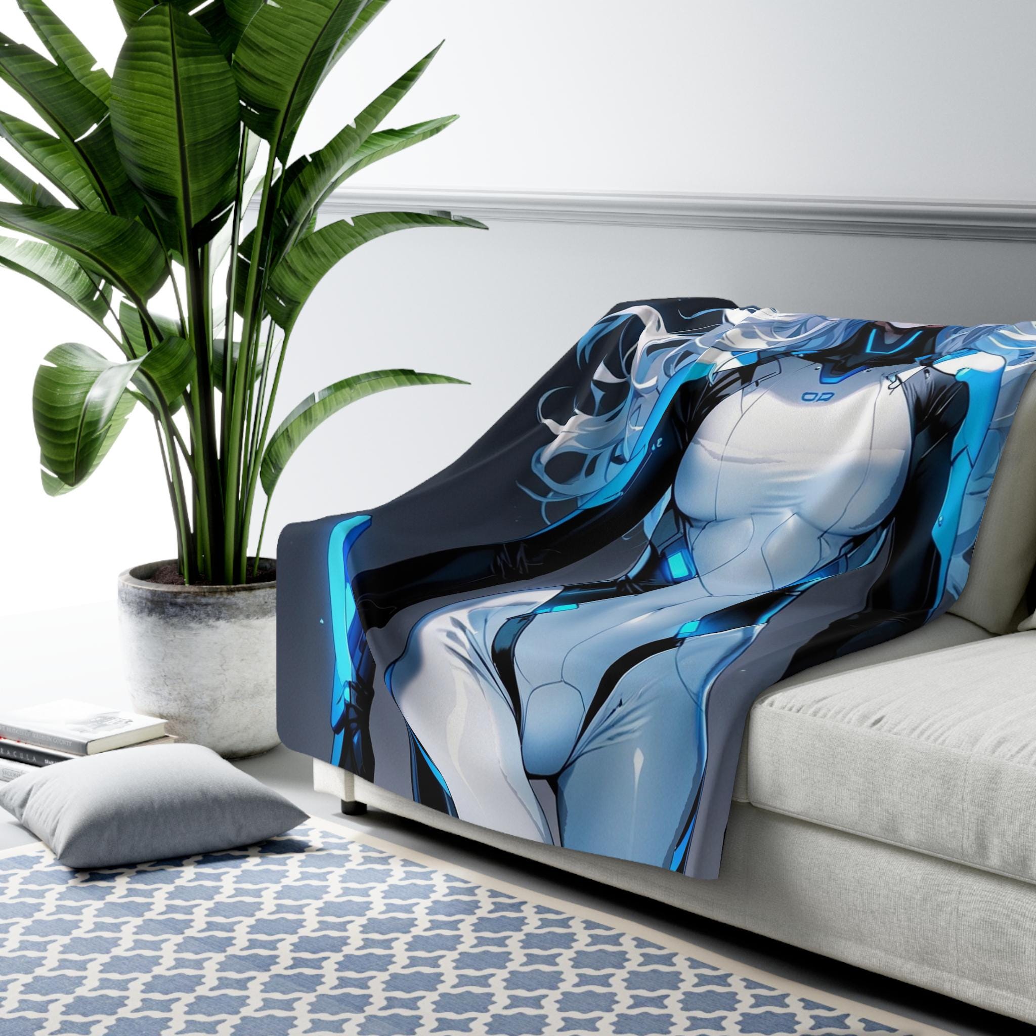 Cyber Angel Anime Blanket, Futuristic Neon Valkyrie Sherpa Throw for Sci-Fi Fans, Gamers, and Anime Lovers