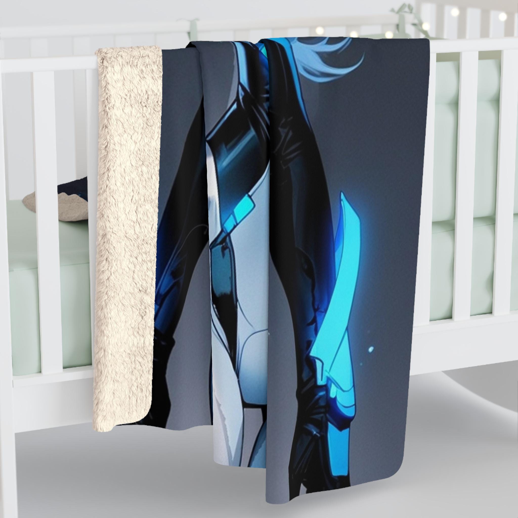 Cyber Angel Anime Blanket, Futuristic Neon Valkyrie Sherpa Throw for Sci-Fi Fans, Gamers, and Anime Lovers