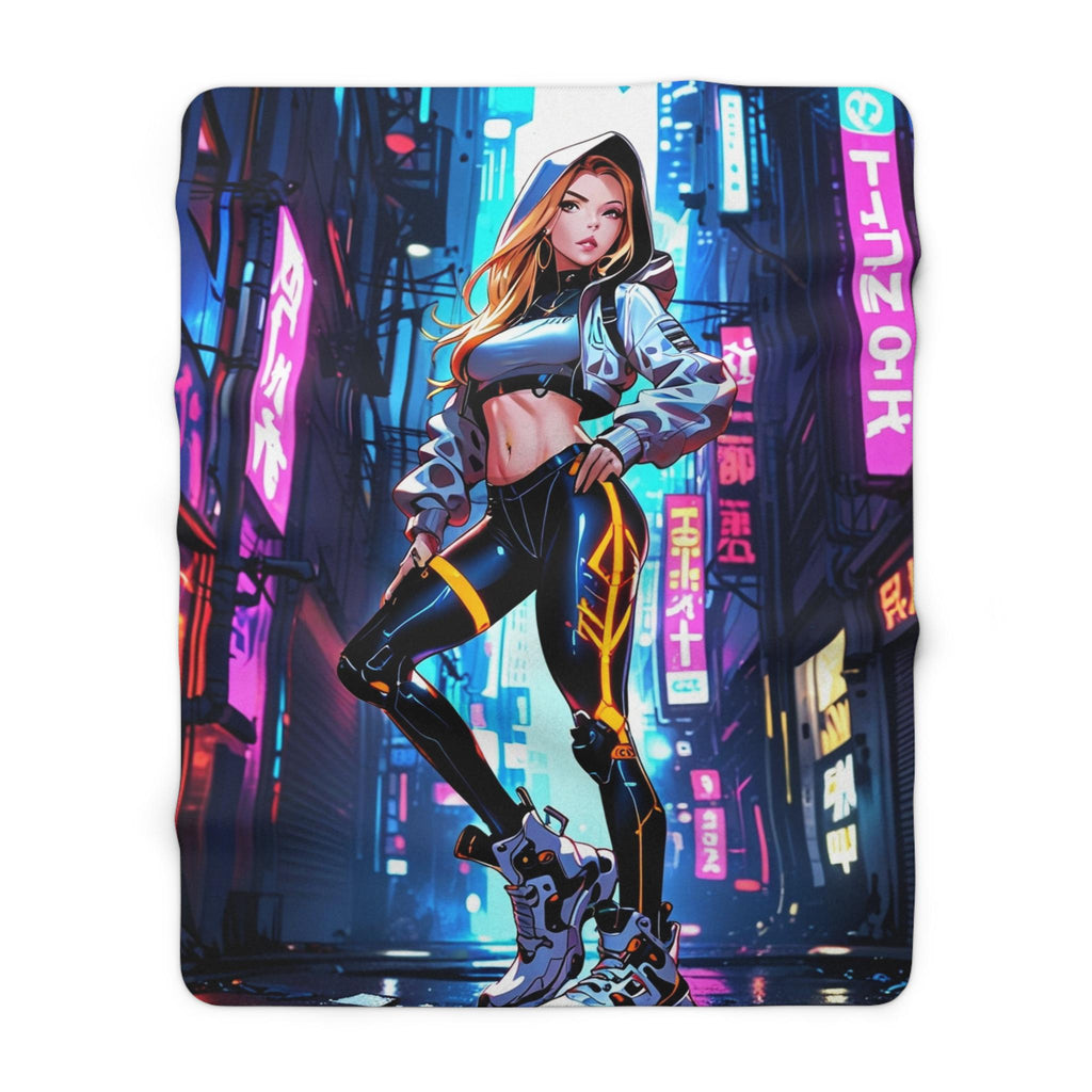 Anime Cyberpunk Girl Sherpa Blanket Neon Glow Techwear Gift for Gamers and Anime Fans