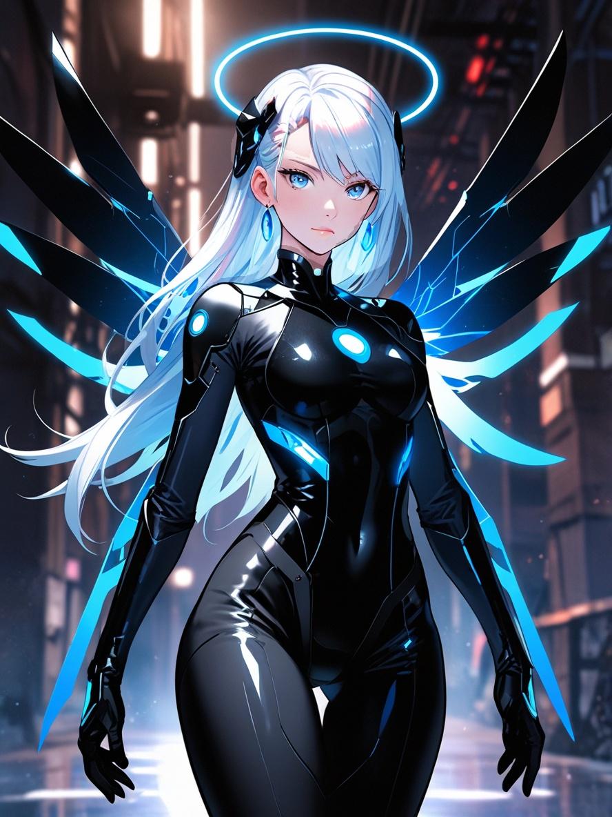 Cyber Angel Anime Blanket Neon Blue Wings Black Techwear Sci Fi Futuristic Girl Soft Cozy Gift for Gamers and Otaku