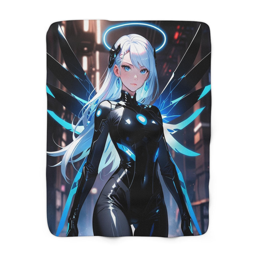 Cyber Angel Anime Blanket Neon Blue Wings Black Techwear Sci Fi Futuristic Girl Soft Cozy Gift for Gamers and Otaku