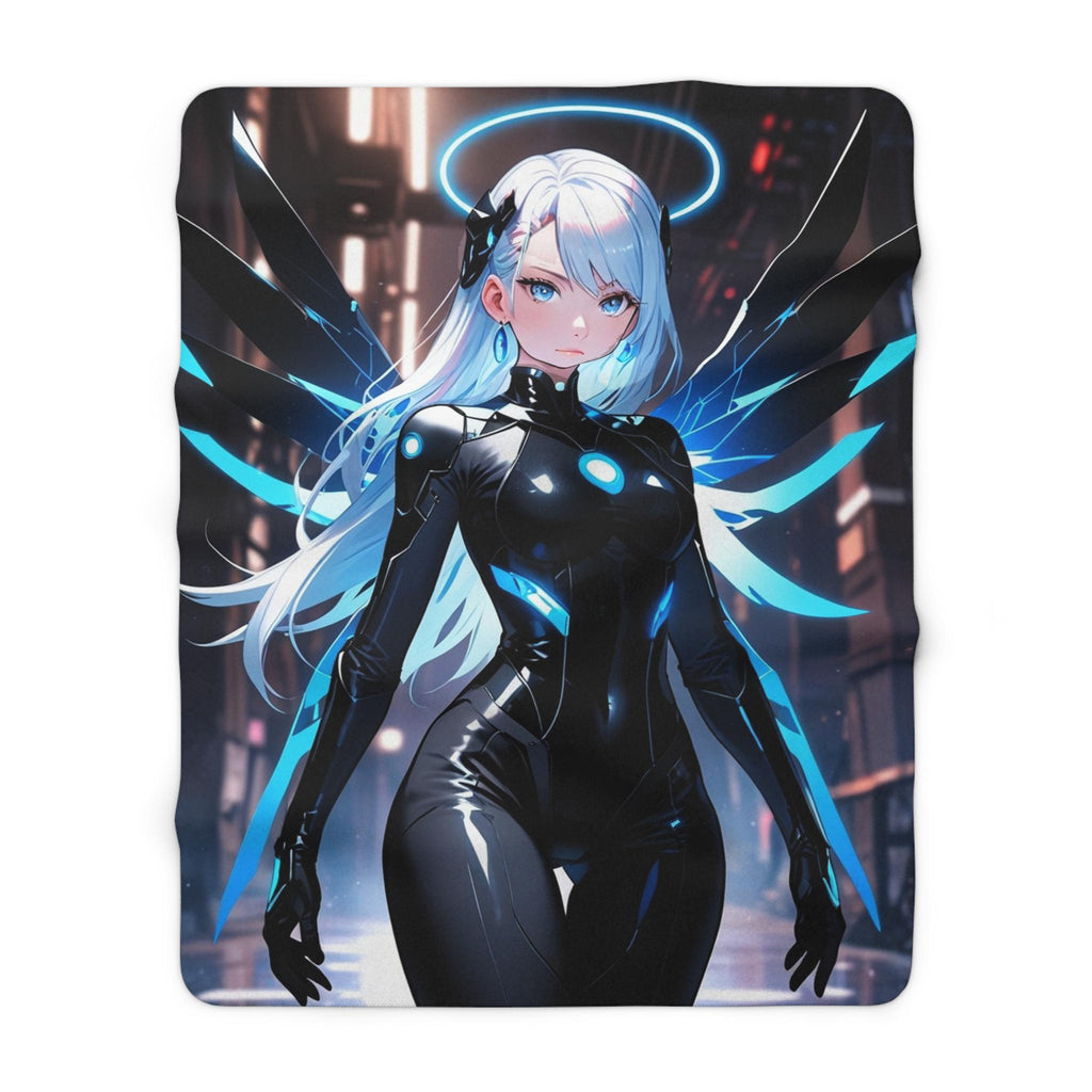 Cyber Angel Anime Blanket Neon Blue Wings Black Techwear Sci Fi Futuristic Girl Soft Cozy Gift for Gamers and Otaku