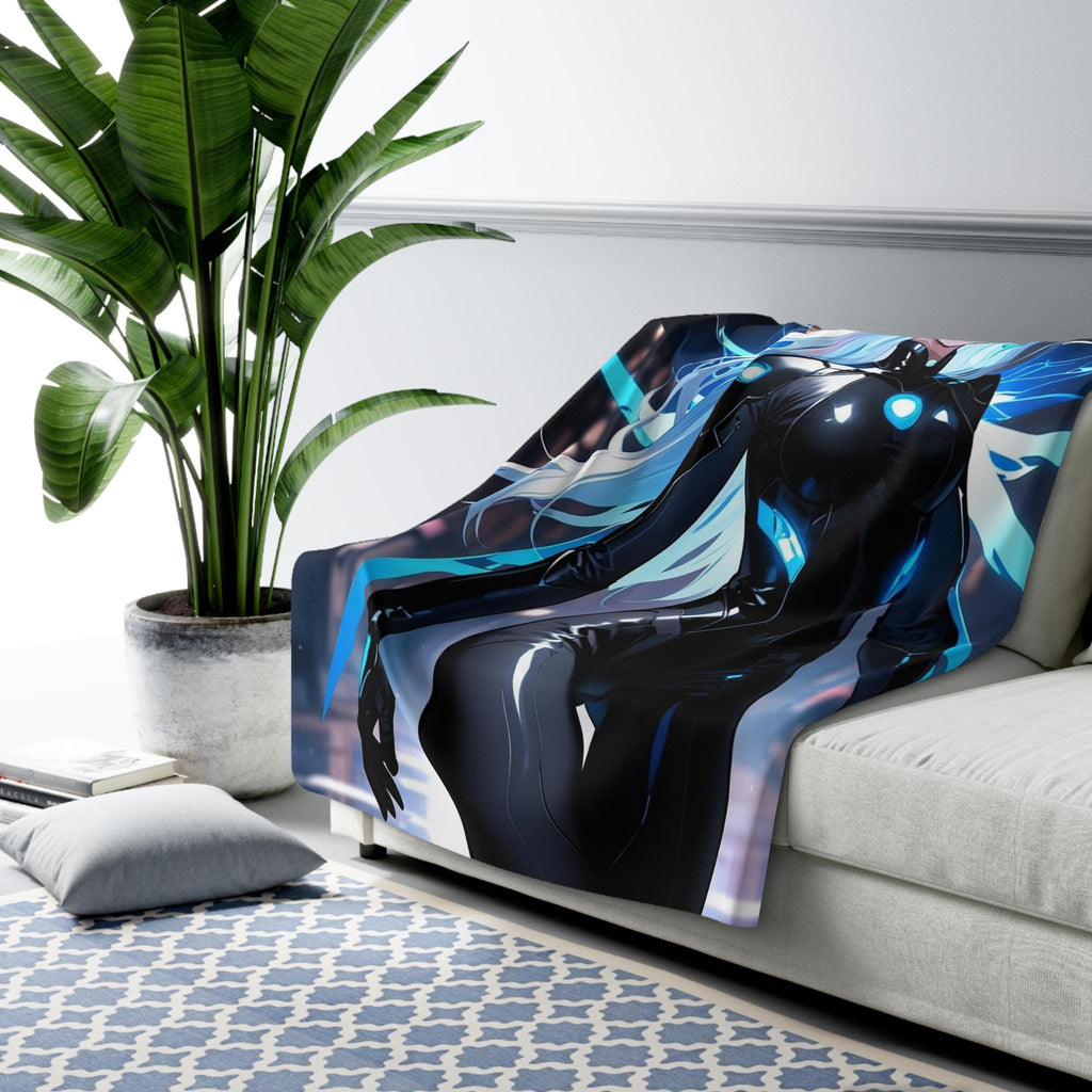 Cyber Angel Anime Blanket Neon Blue Wings Black Techwear Sci Fi Futuristic Girl Soft Cozy Gift for Gamers and Otaku