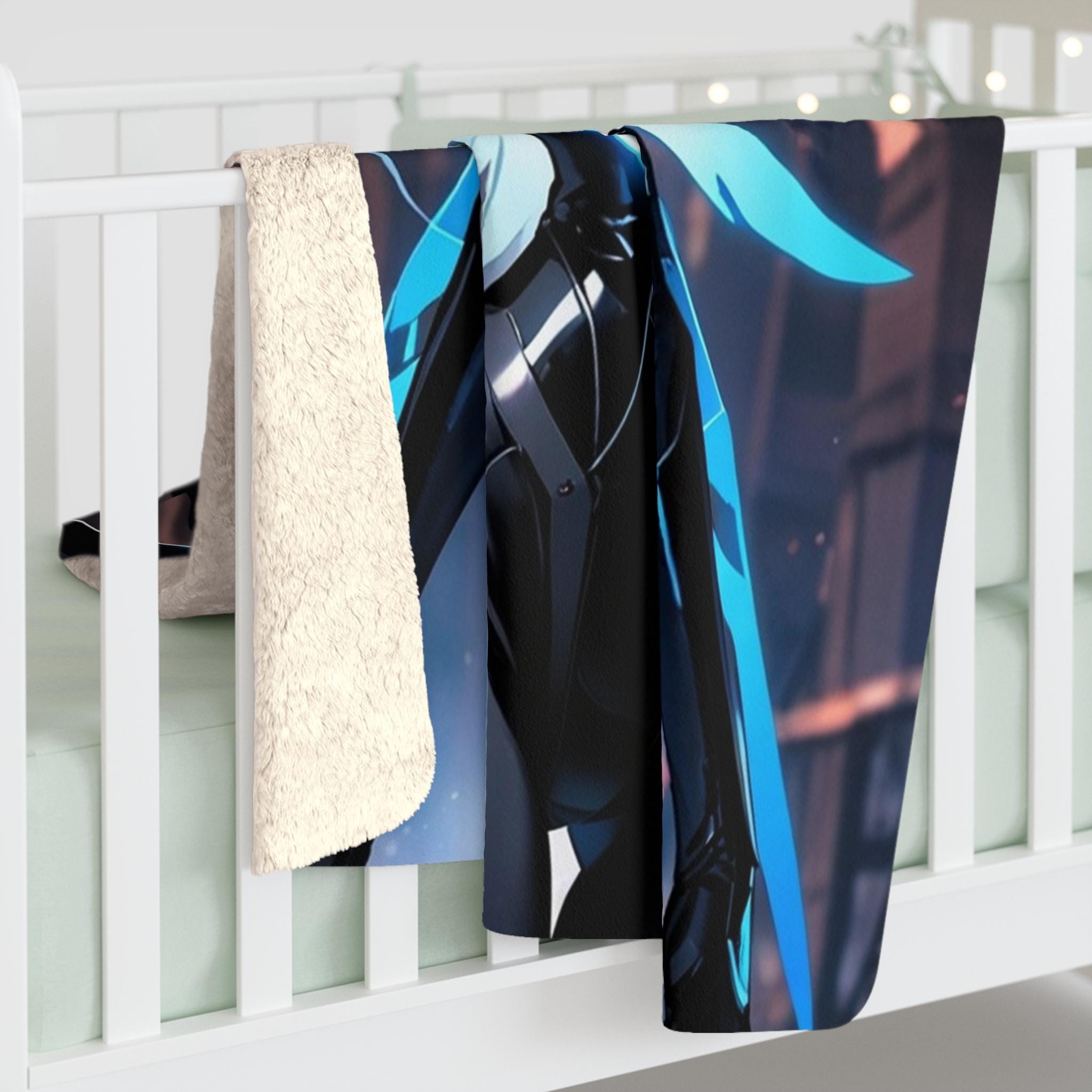 Cyber Angel Anime Blanket Neon Blue Wings Black Techwear Sci Fi Futuristic Girl Soft Cozy Gift for Gamers and Otaku